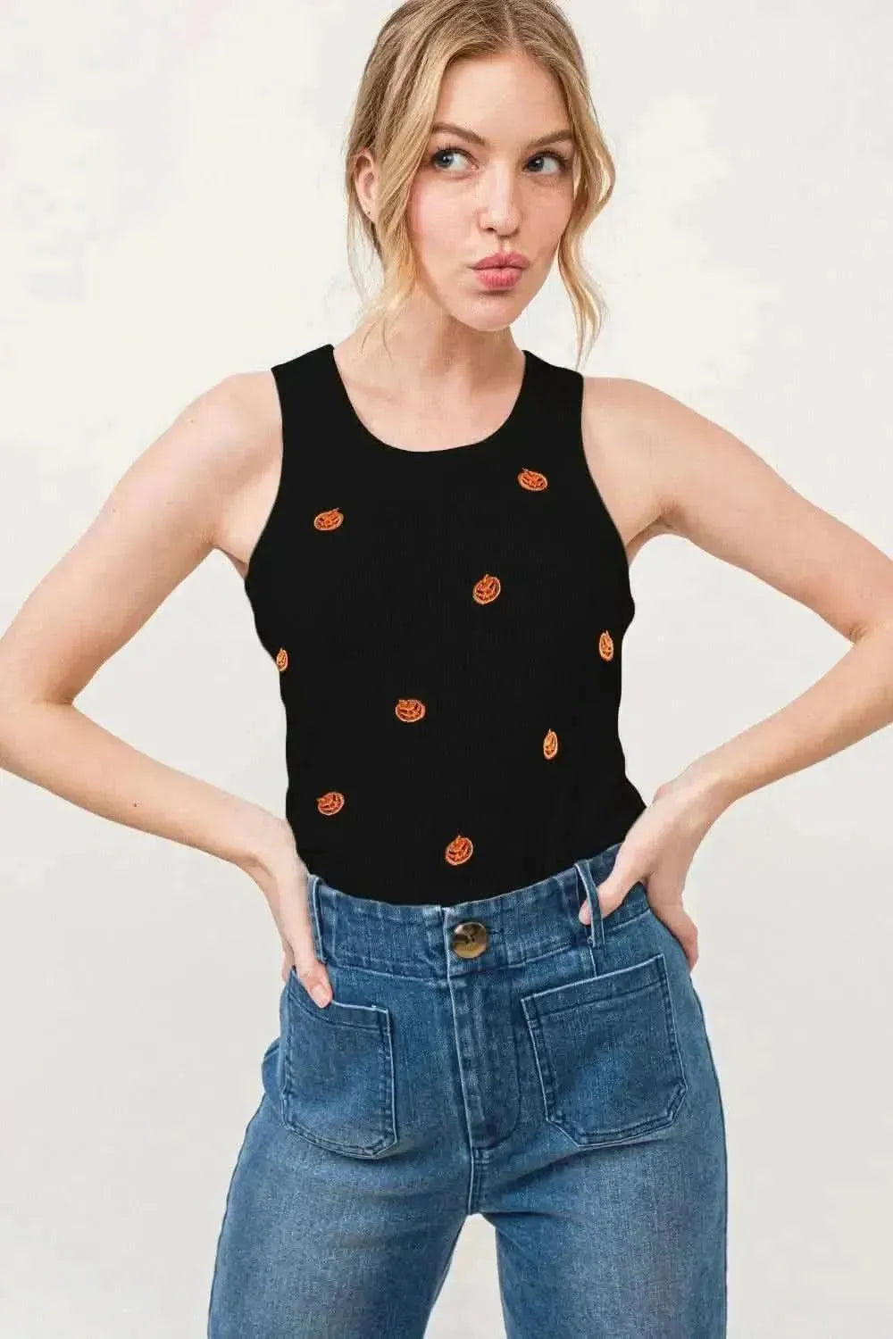 And The Why Jack O' Lantern Embroidered Ribbed Tank - Bad Moms Club