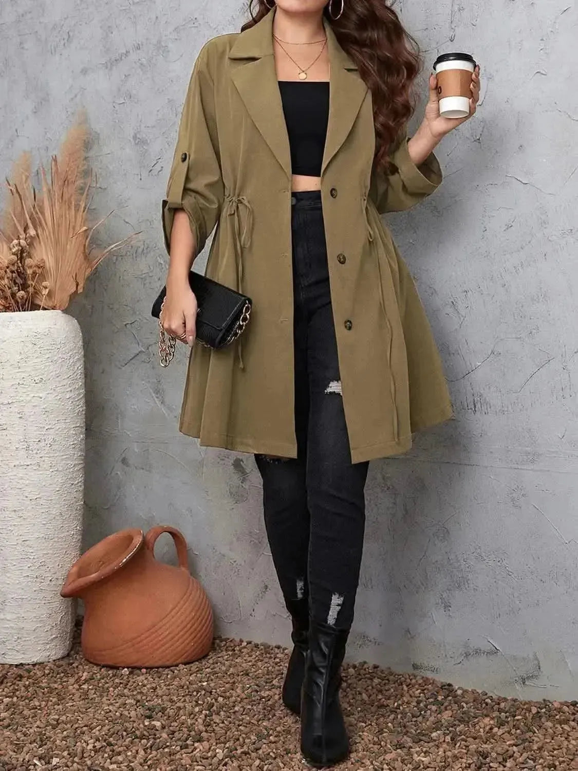 Plus Size Lapel Collar Drawstring Roll-Tab Sleeve Trench Coat - Bad Moms Club