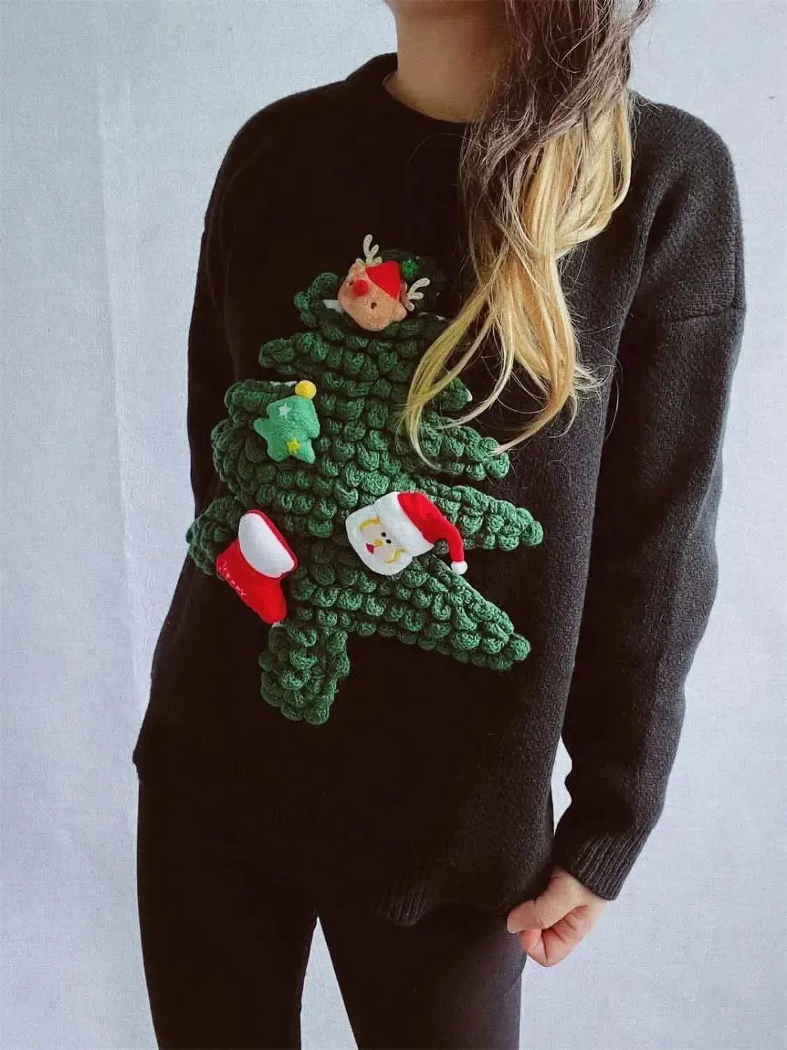 Christmas Tree Round Neck Long Sleeve Sweater - Bad Moms Club