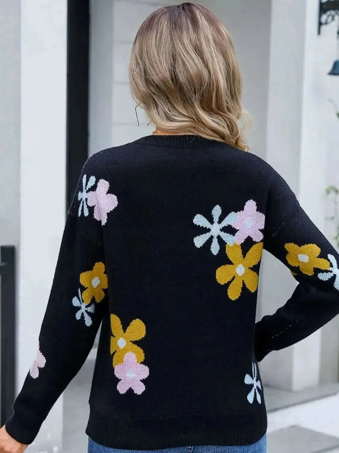 Angel Wings Flower Round Neck Dropped Shoulder Sweater - Bad Moms Club