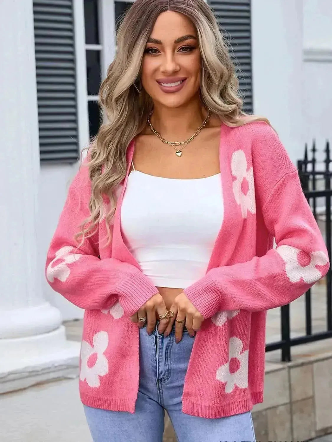 Flower Open Front Long Sleeve Cardigan - Bad Moms Club