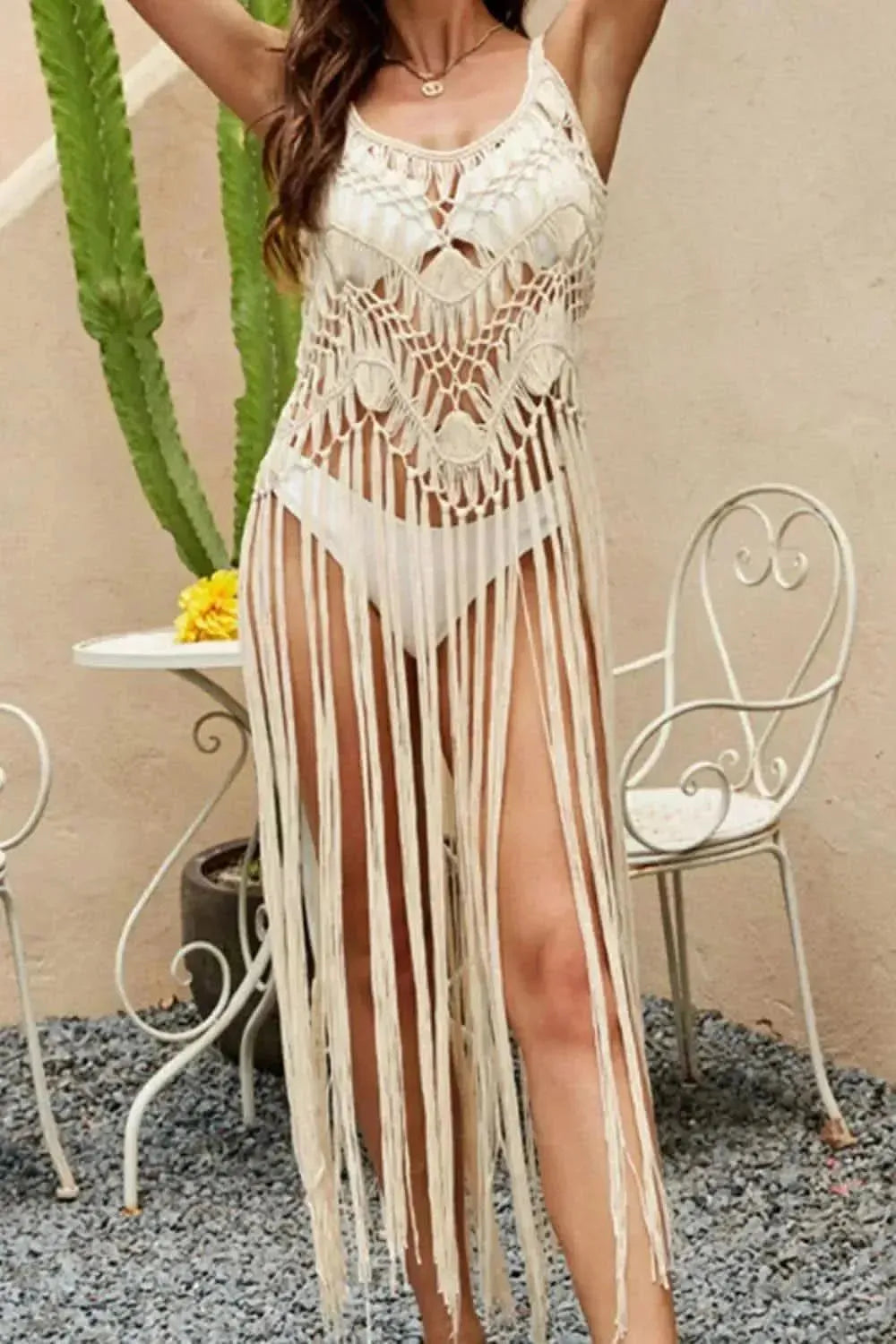 Cutout Fringe Scoop Neck Cover-Up - Bad Moms Club