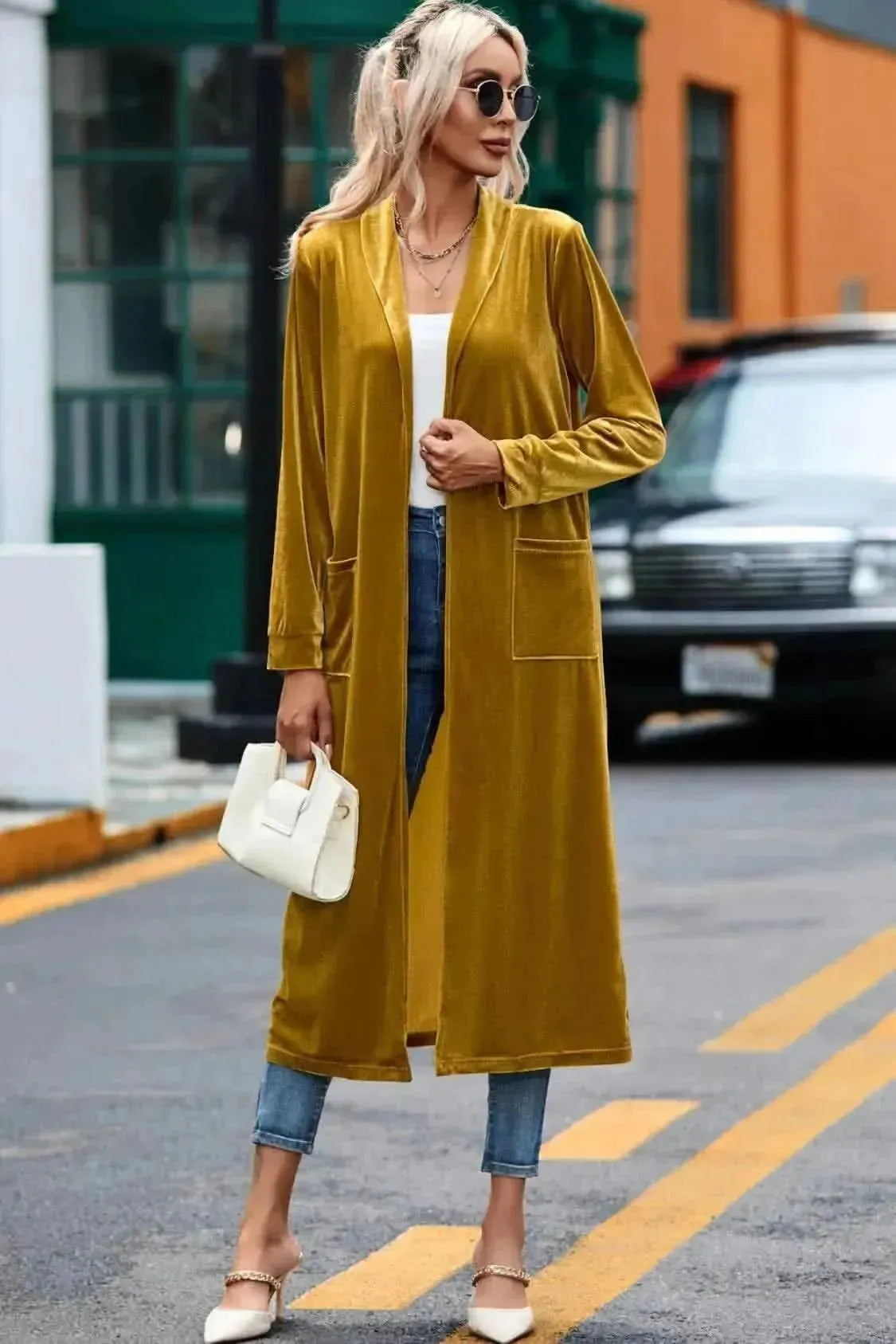 Velvet Open Front Long Cardigan with Pockets - Bad Moms Club