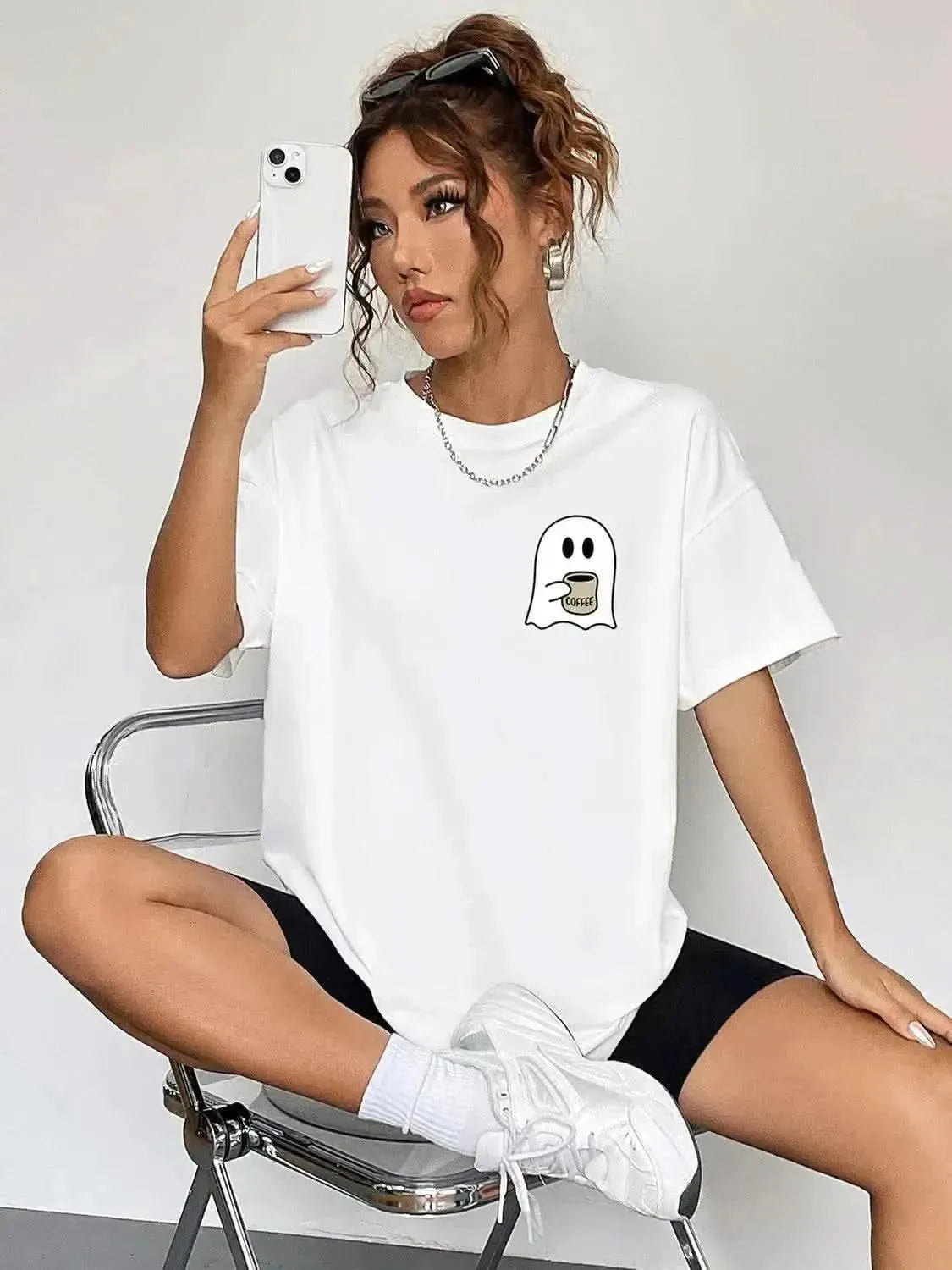 Round Neck Short Sleeve Ghost Graphic T-Shirt - Bad Moms Club