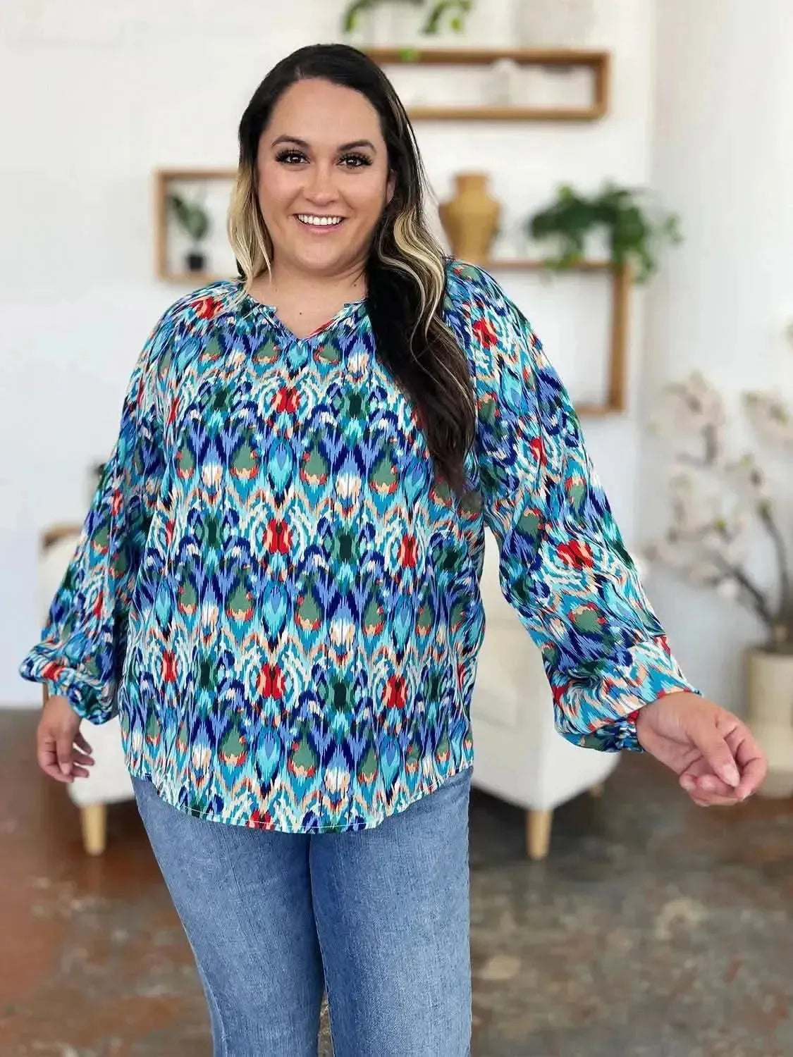 Double Take Full Size Printed Balloon Sleeve Blouse - Bad Moms Club