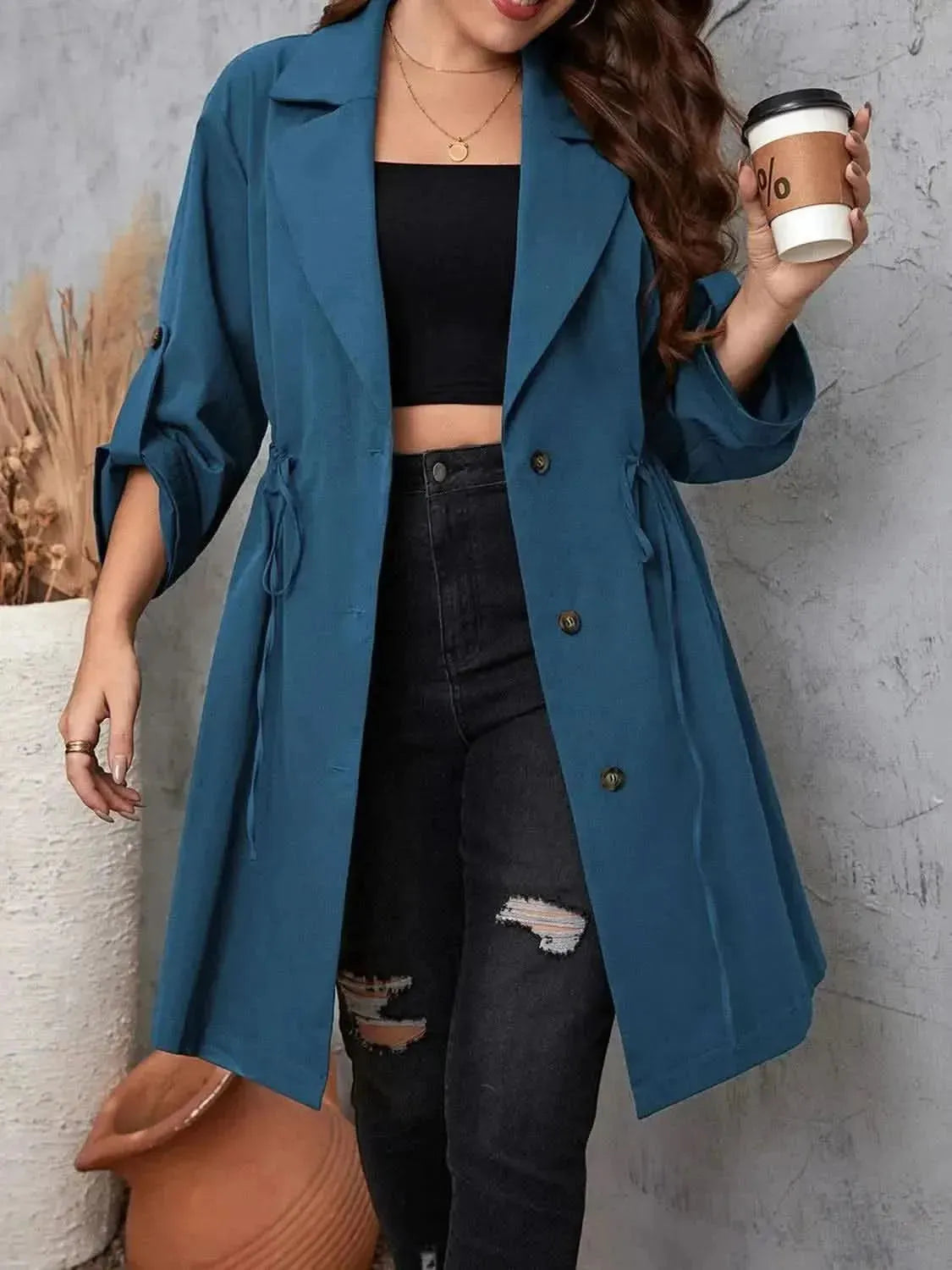 Plus Size Lapel Collar Drawstring Roll-Tab Sleeve Trench Coat - Bad Moms Club