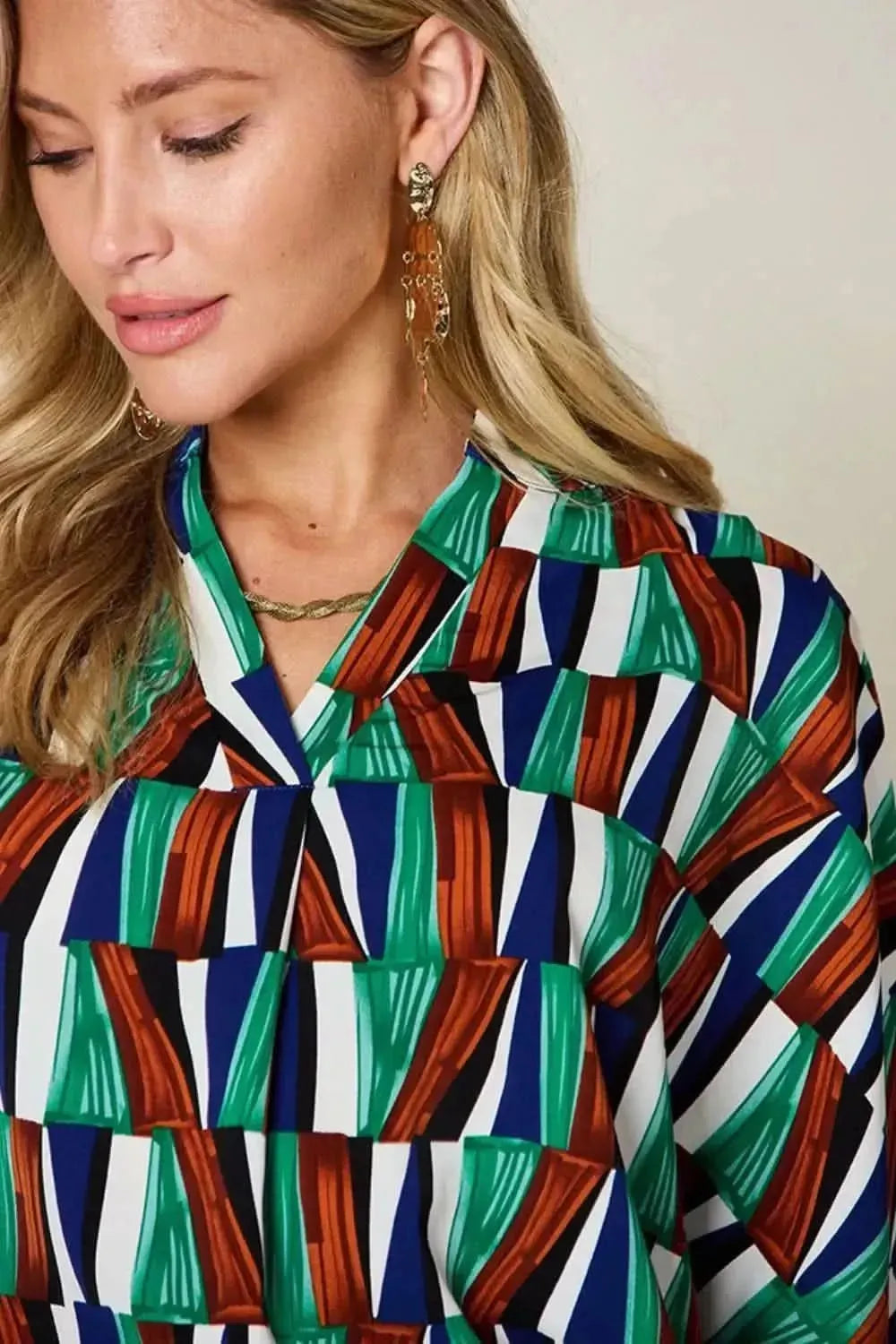 Double Take Full Size Geometric Notched Dolman Sleeve Top - Bad Moms Club