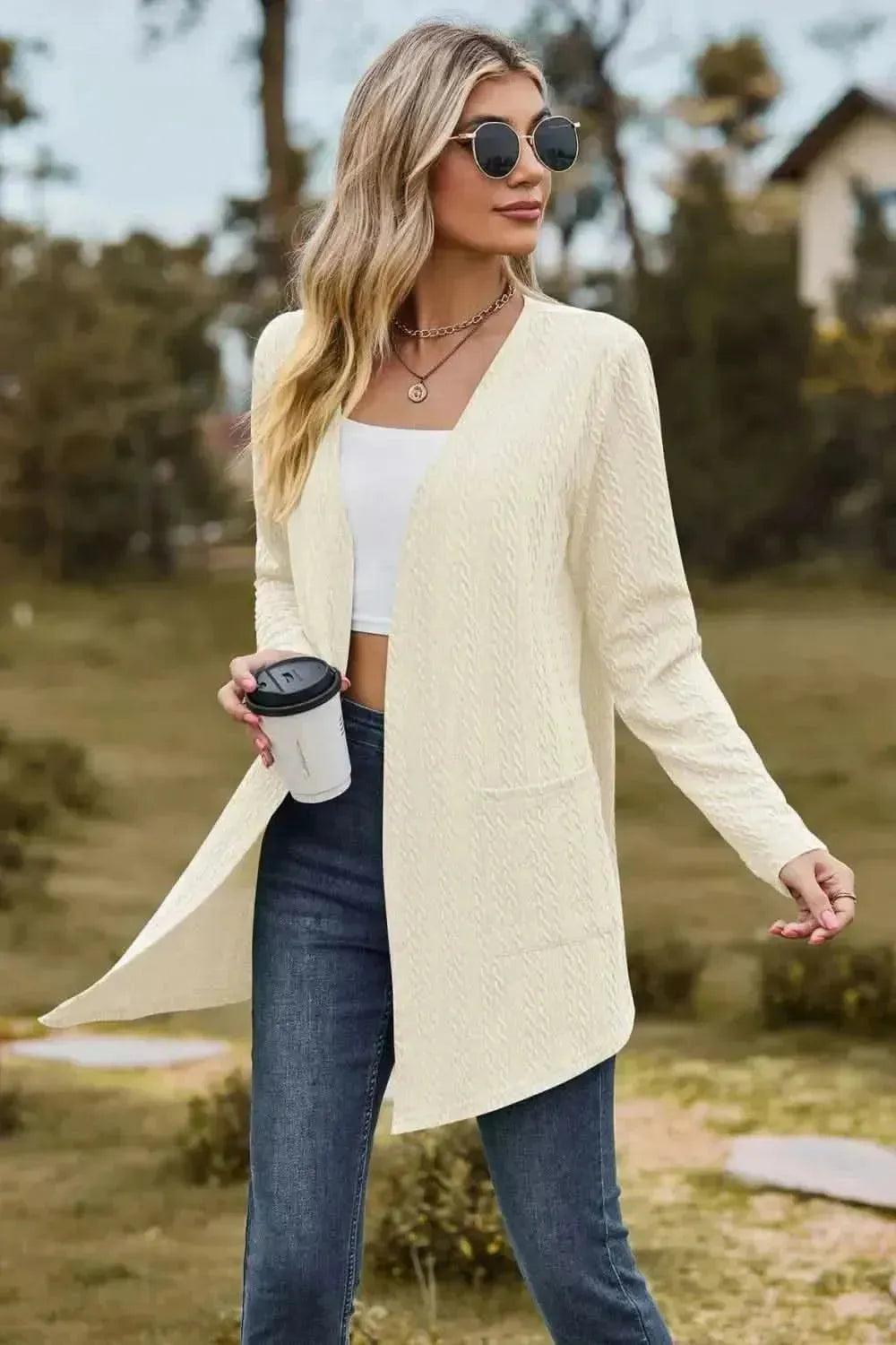 Cable-Knit Long Sleeve Cardigan with Pocket - Bad Moms Club