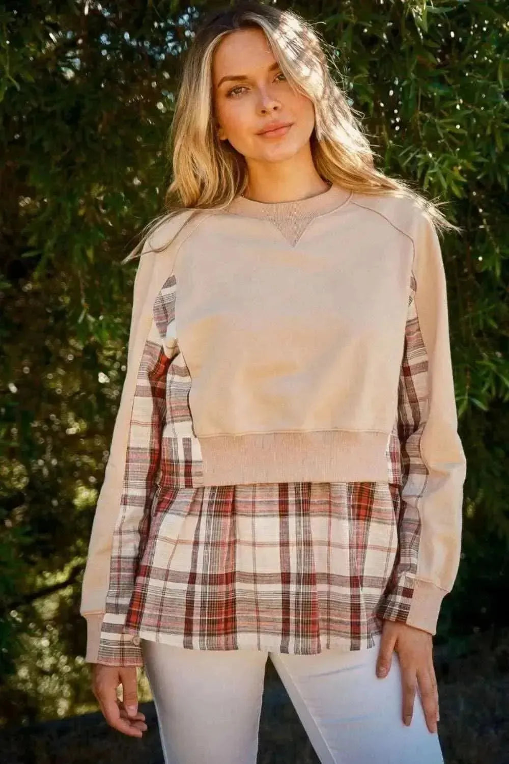 And The Why Full Size Double Layered Plaid Contrast Sweatshirt - Bad Moms Club