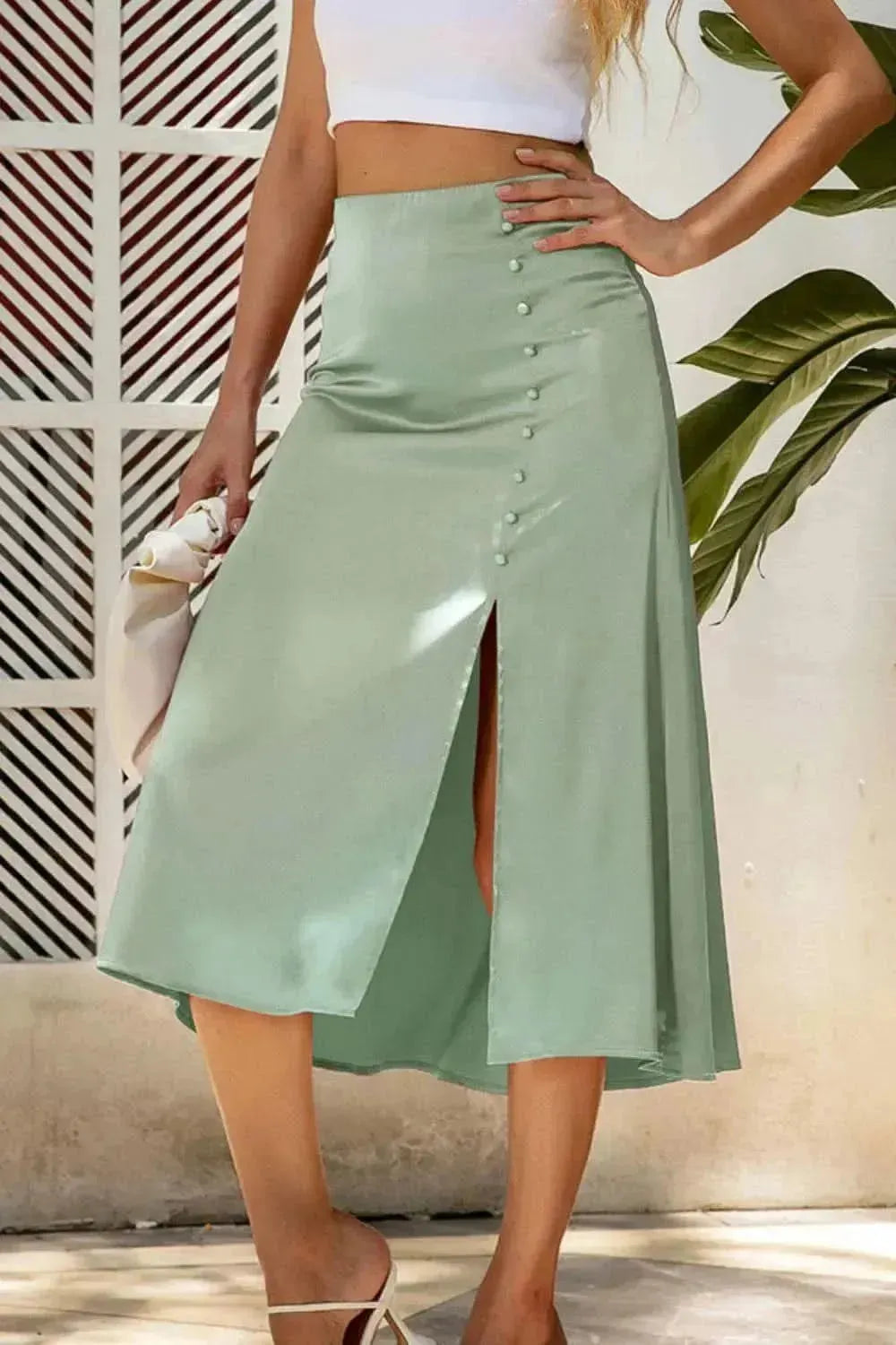 Decorative Buttons Split Midi Skirt - Bad Moms Club