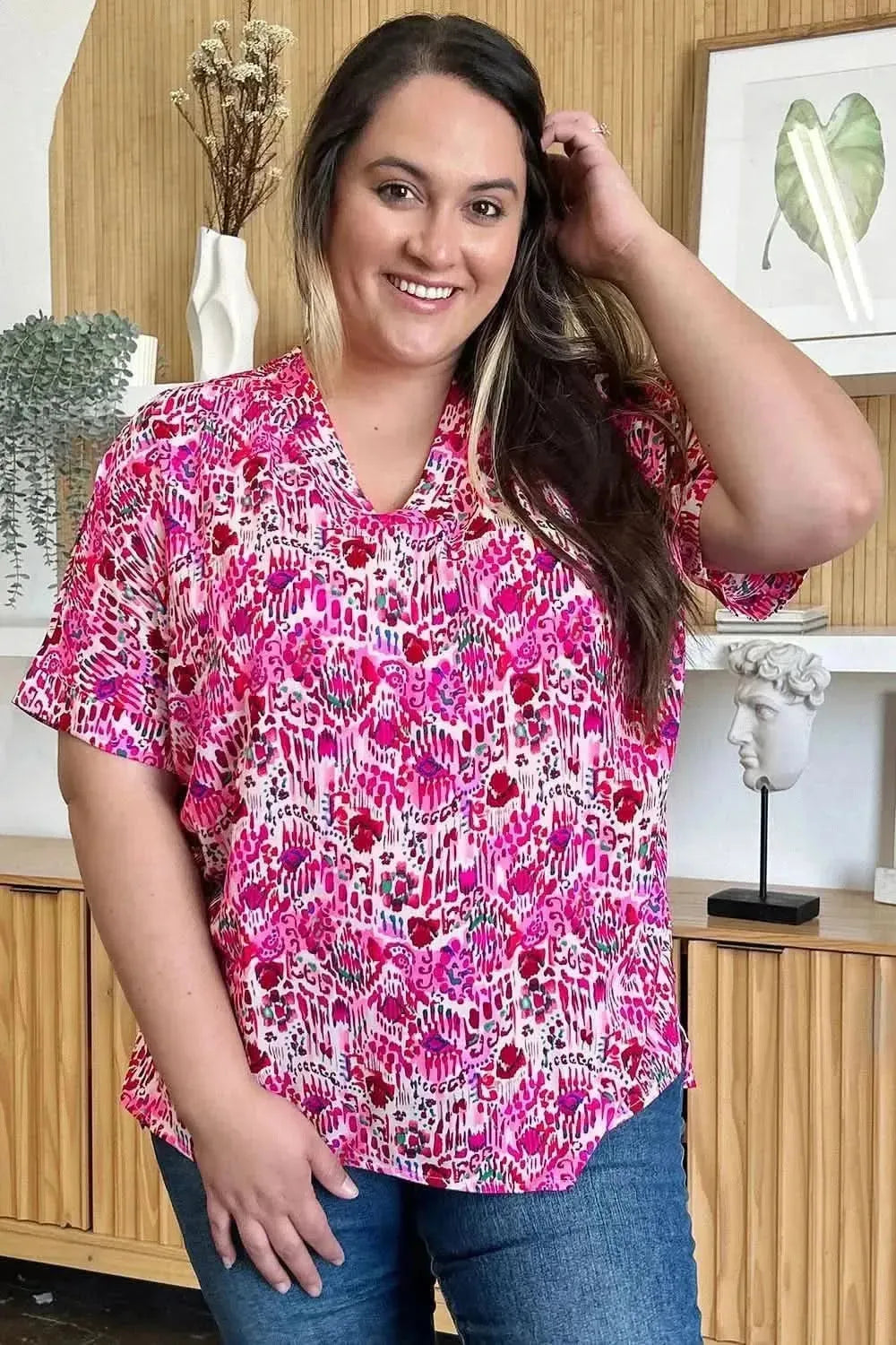 Double Take Full Size Printed V-Neck Short Sleeve Blouse - Bad Moms Club