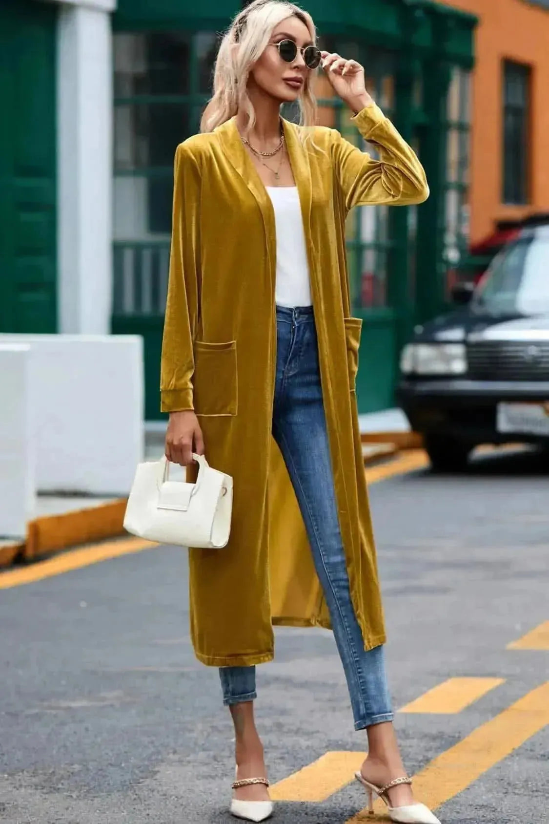 Velvet Open Front Long Cardigan with Pockets - Bad Moms Club