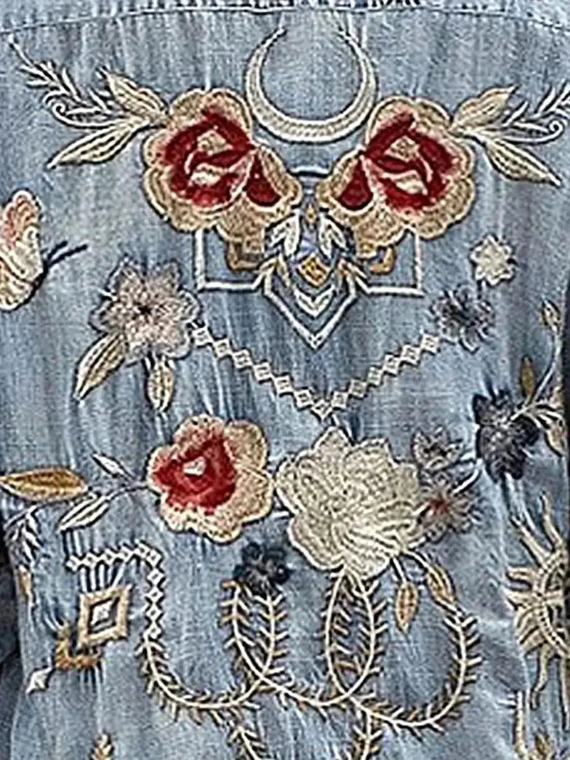 MeiMei Embroidered Pocketed Button Up Denim Shirt - Bad Moms Club