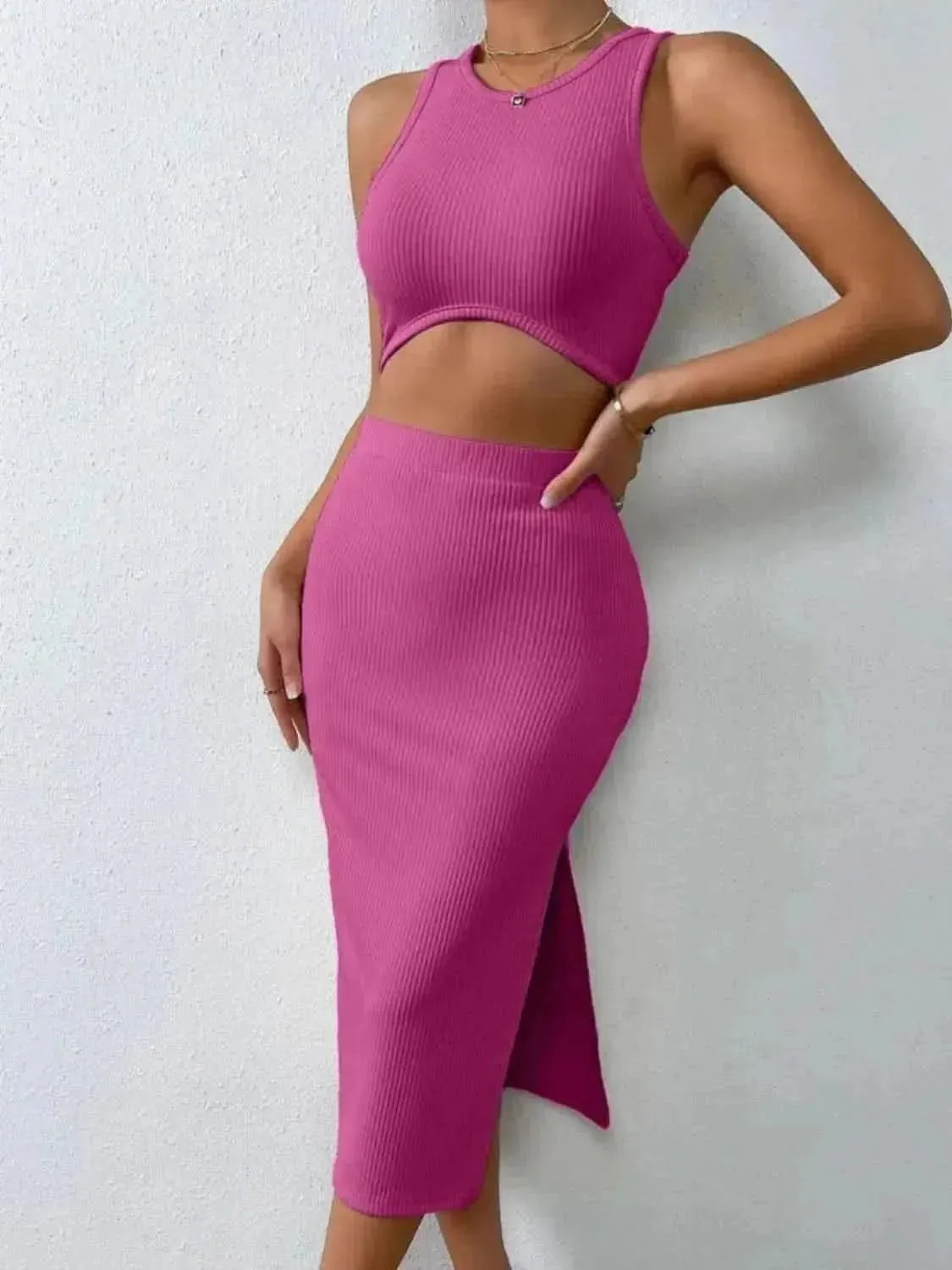 Ribbed Round Neck Tank and Slit Skirt Sweater Set - Bad Moms Club