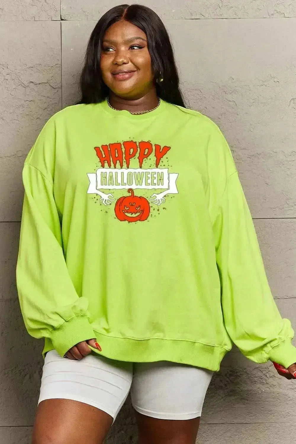 Simply Love Full Size HAPPY HALLOWEEN Graphic Sweatshirt - Bad Moms Club