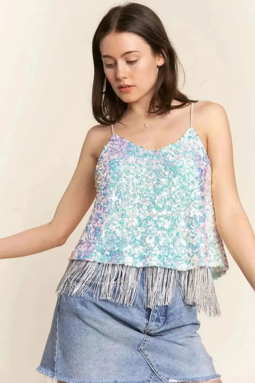 J.NNA Sequin Tassel Hem Flowy Cami - Bad Moms Club