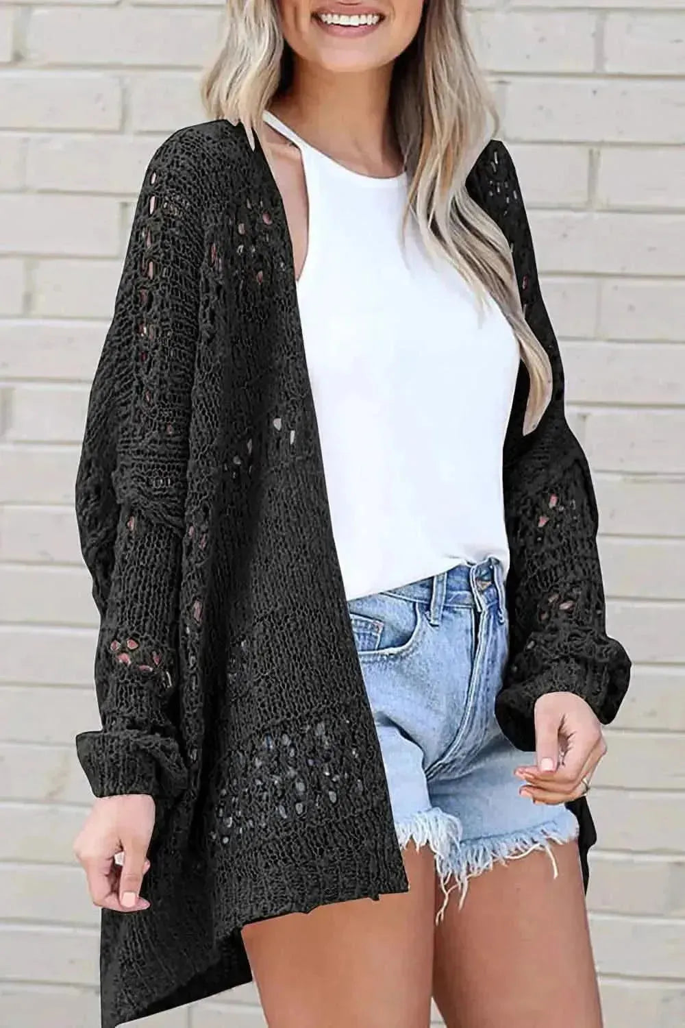 Openwork Open Front Long Sleeve Cardigan - Bad Moms Club