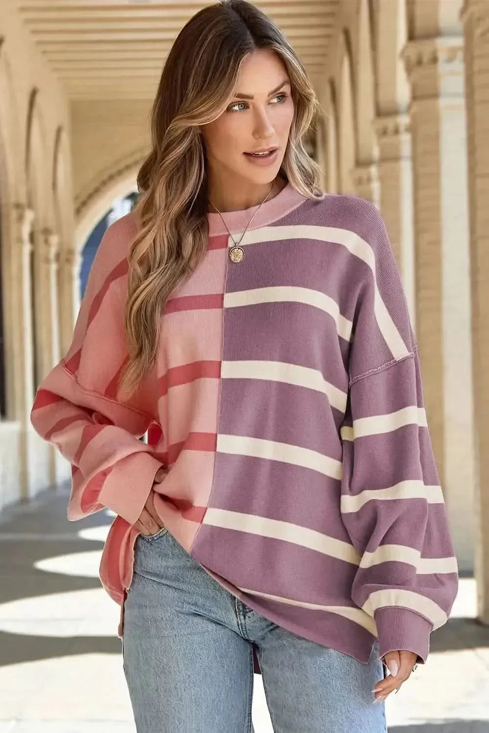 Striped Round Neck Long Sleeve Knit Top - Bad Moms Club