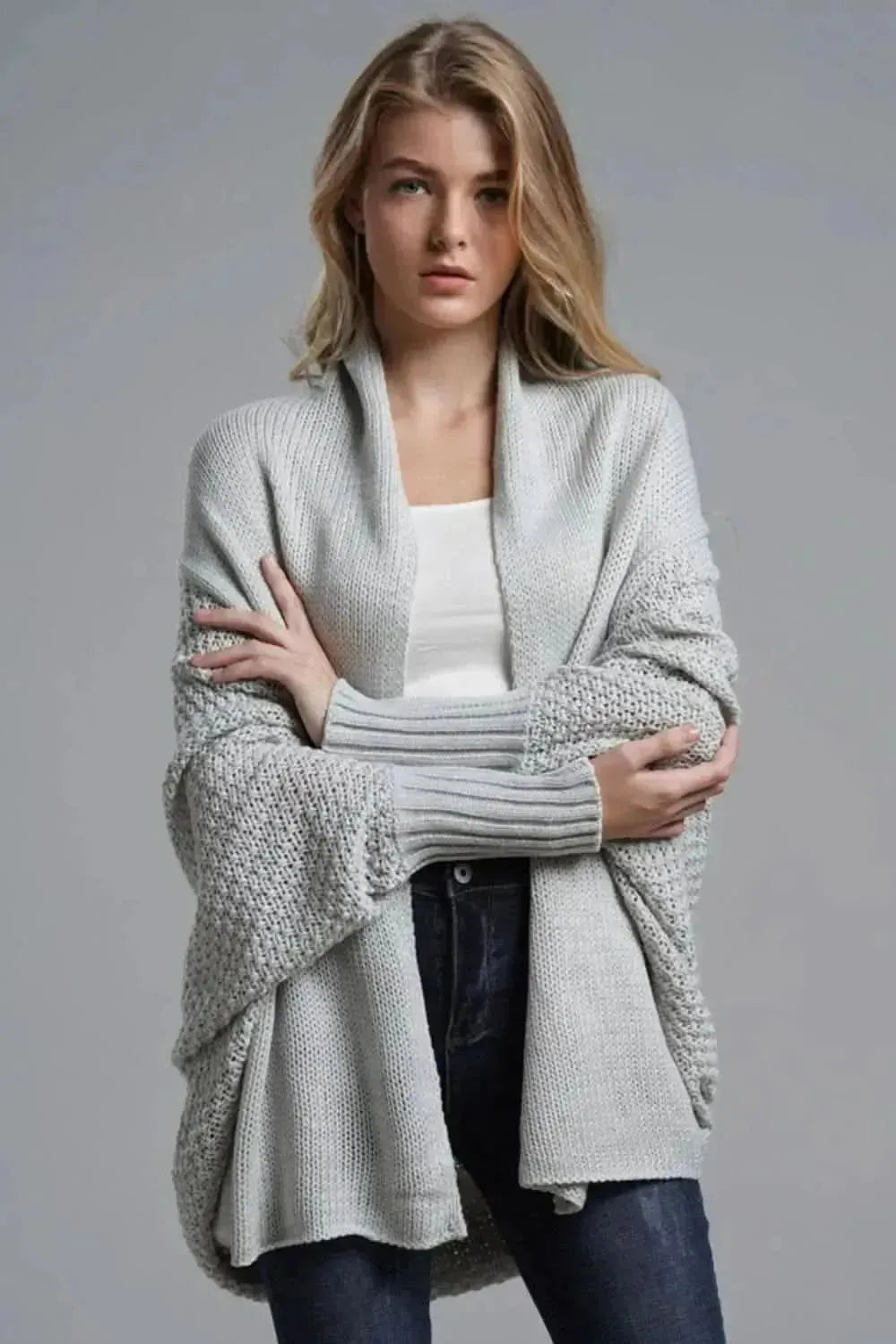 Dolman Sleeve Open Front Ribbed Trim Longline Cardigan - Bad Moms Club