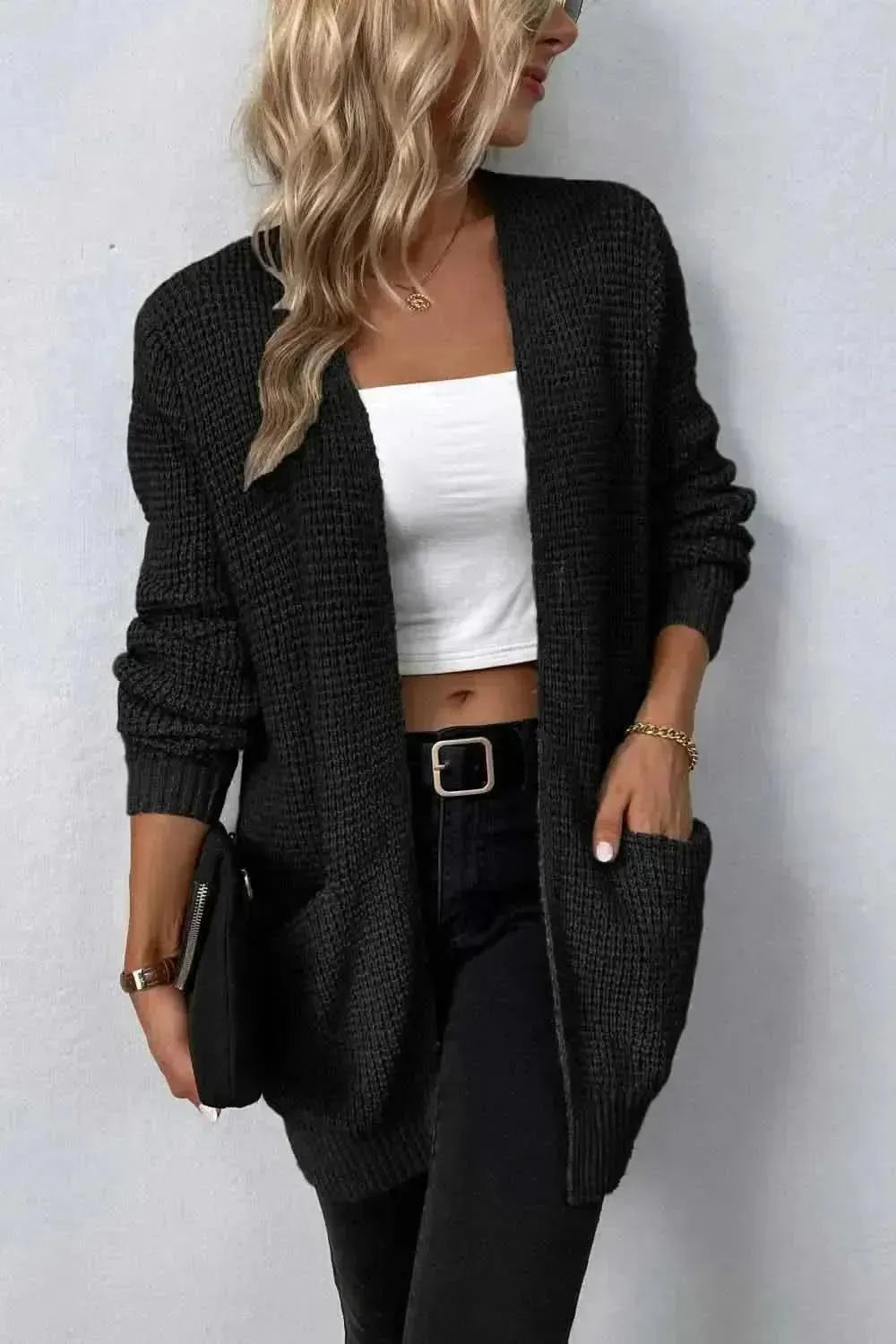 Rib-Knit Open Front Pocketed Cardigan - Bad Moms Club