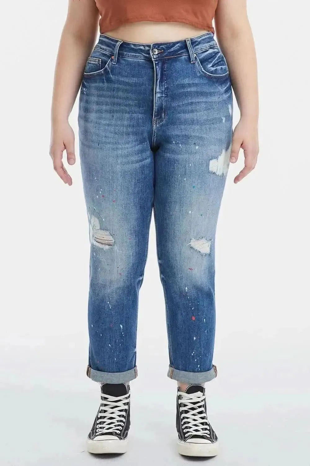 BAYEAS Full Size High Waist Distressed Paint Splatter Pattern Jeans - Bad Moms Club