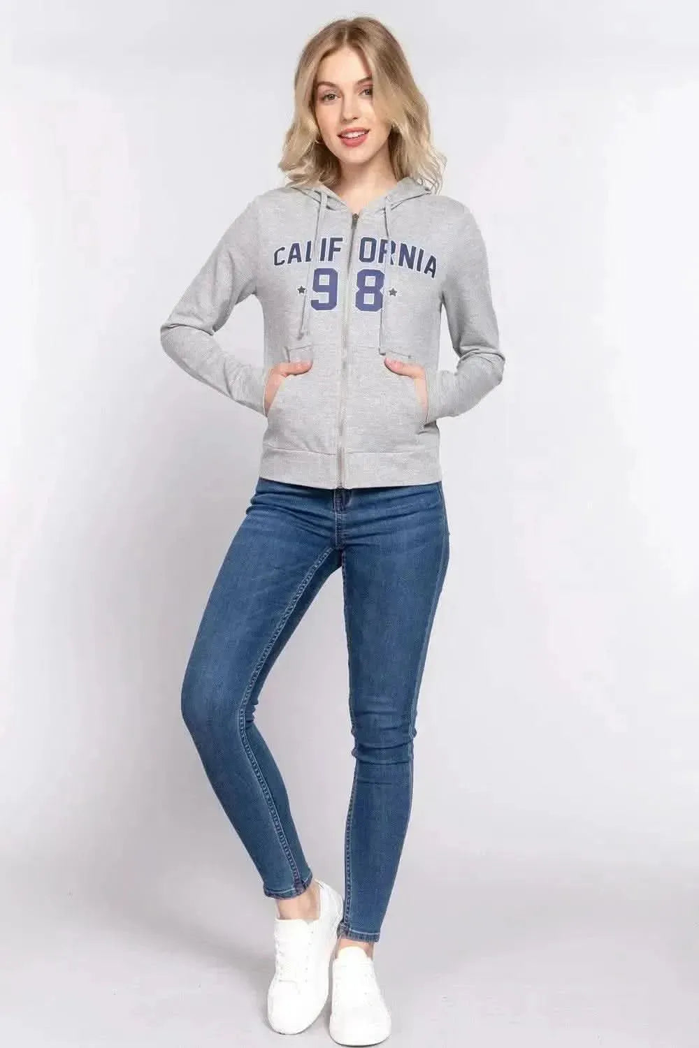 ACTIVE BASIC CALIFORNIA Zip Up Drawstring Long Sleeve Hoodie - Bad Moms Club