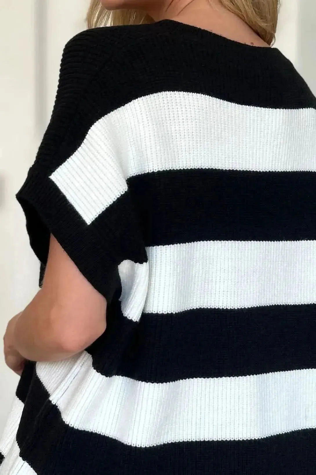 Double Take Full Size Striped V-Neck Short Sleeve Sweater - Bad Moms Club