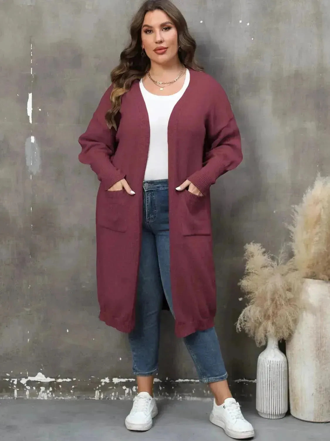 Plus Size Long Sleeve Pocketed Cardigan - Bad Moms Club