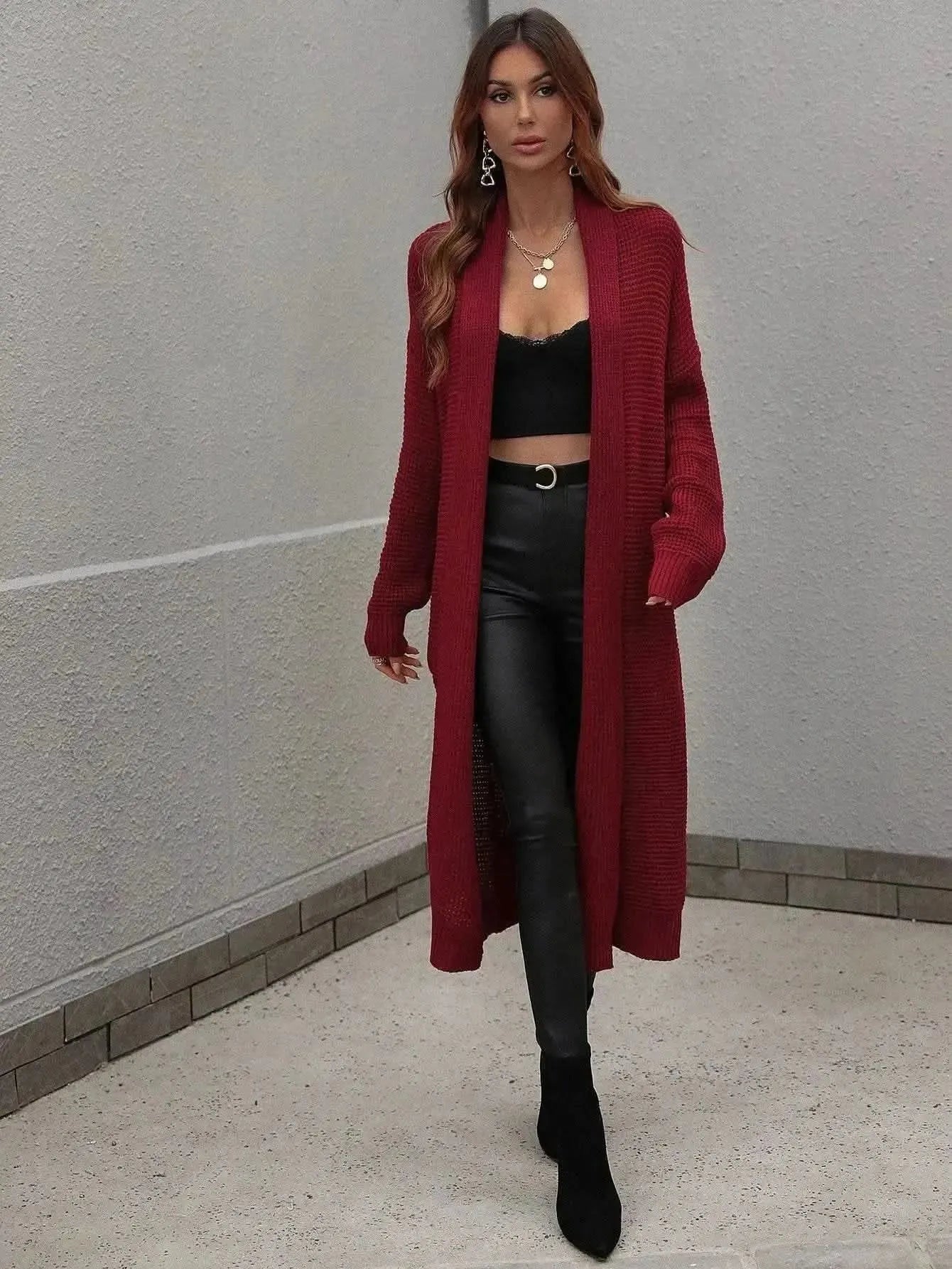 Waffle Knit Open Front Duster Cardigan With Pockets - Bad Moms Club