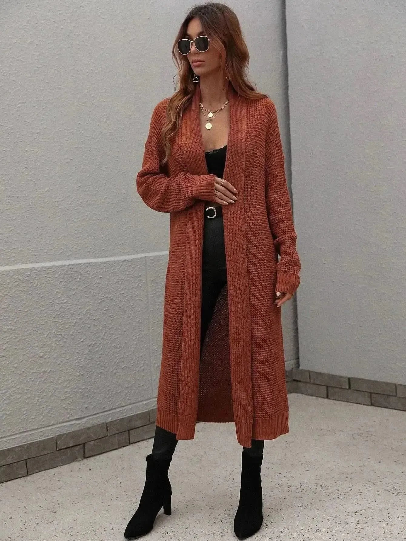 Waffle Knit Open Front Duster Cardigan With Pockets - Bad Moms Club