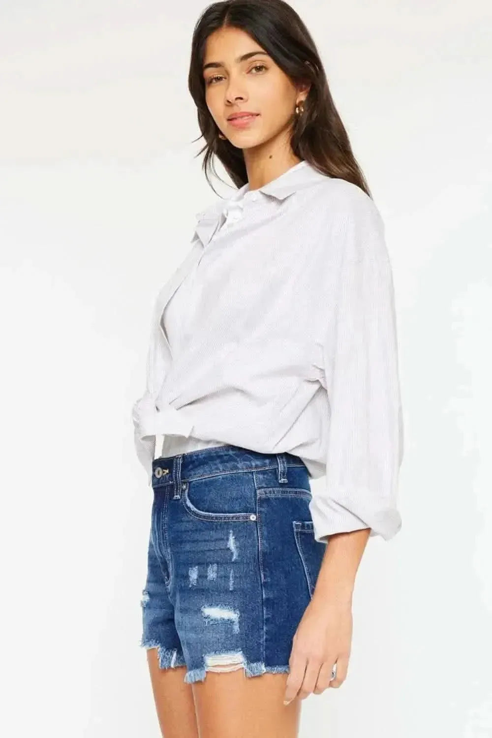 Kancan High Rise Frayed Hem Denim Shorts - Bad Moms Club