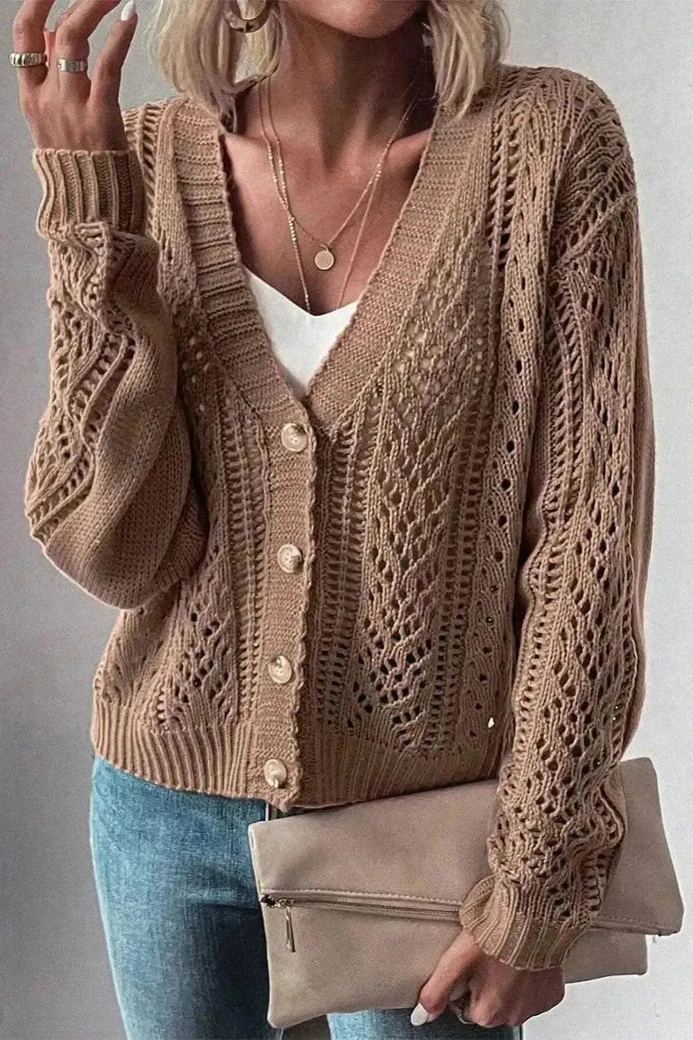 Openwork Button Up Long Sleeve Cardigan - Bad Moms Club