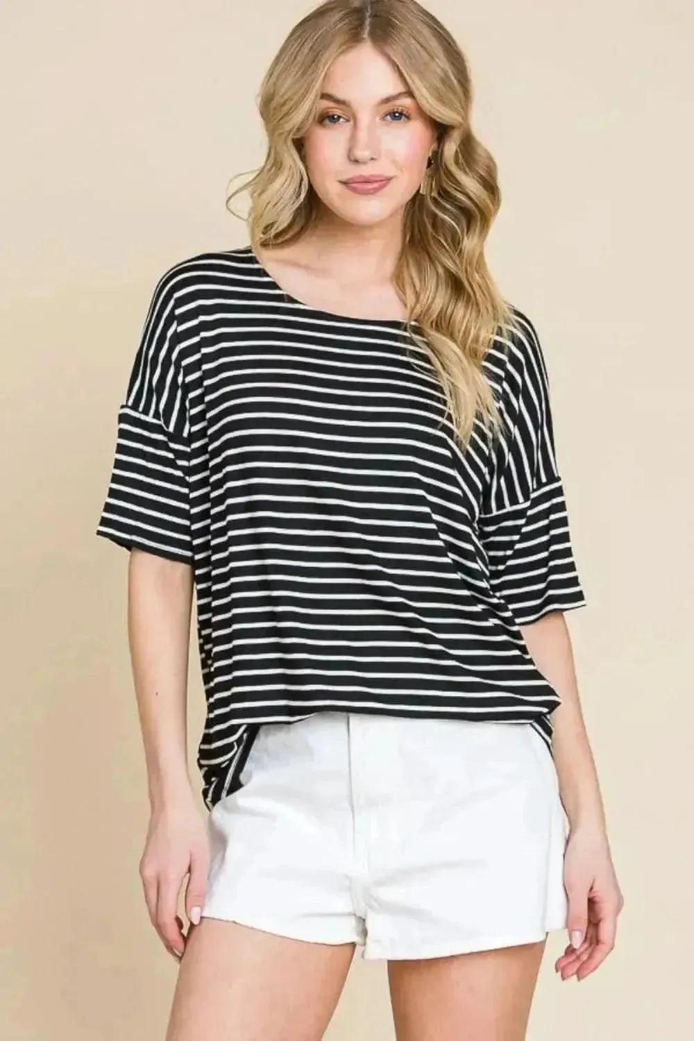 BOMBOM Striped Round Neck T-Shirt - Bad Moms Club