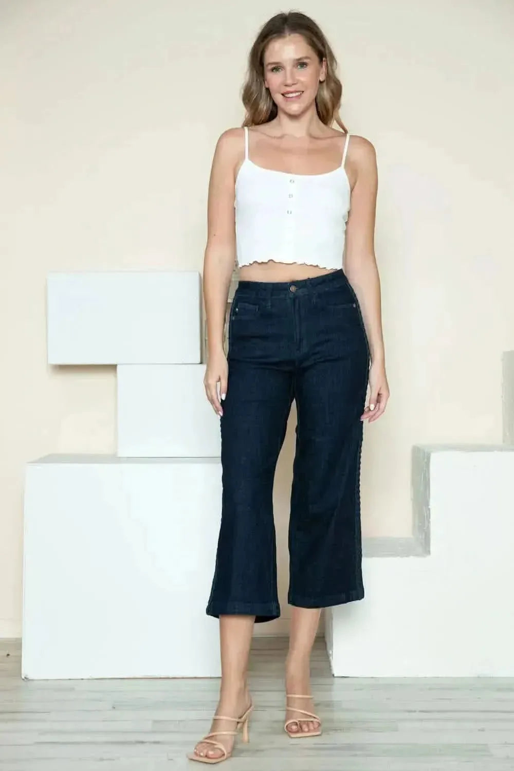 Judy Blue Full Size Side Seam Braid Detail Crop Wide Leg Jeans - Bad Moms Club