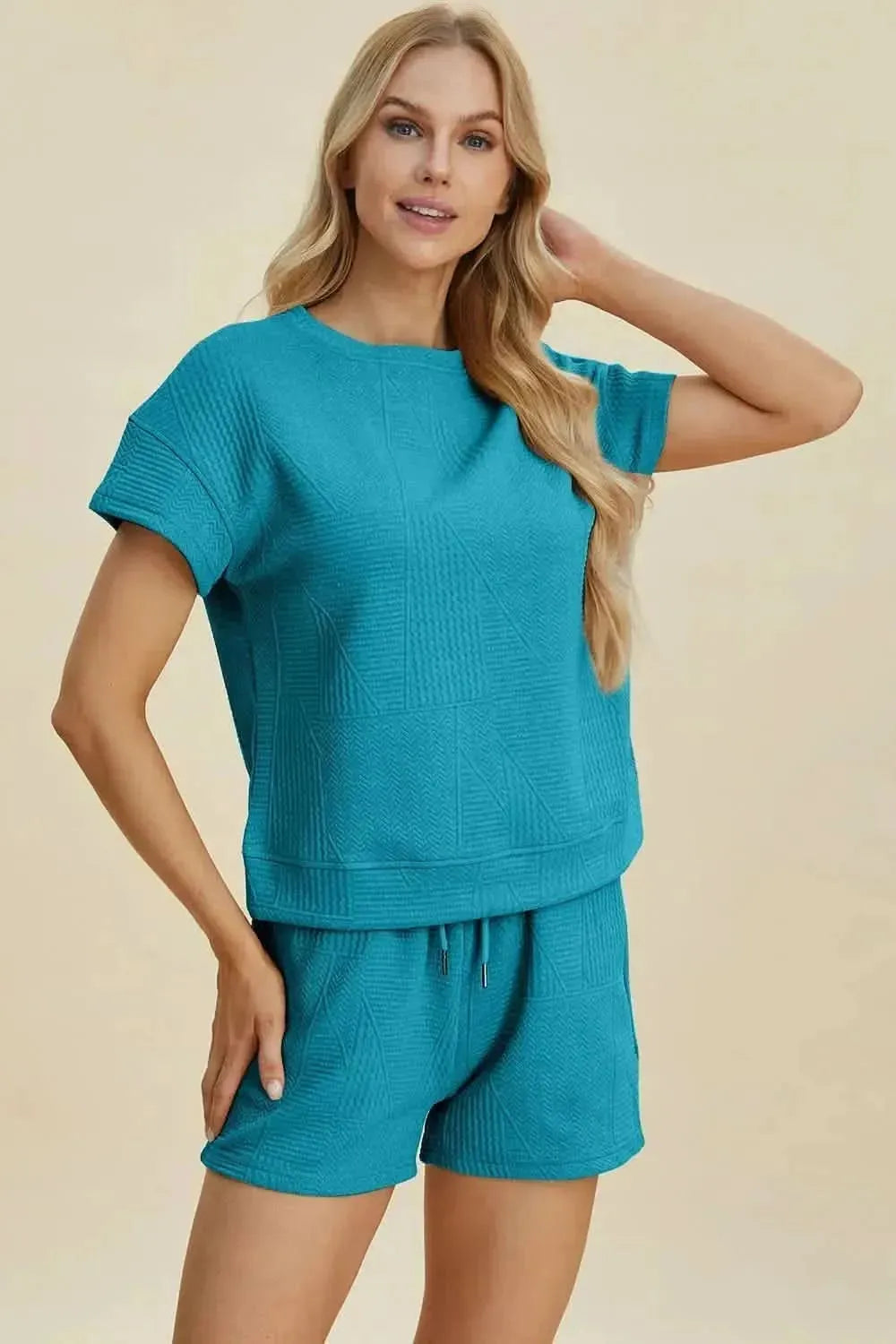 Double Take Full Size Texture Short Sleeve Top and Shorts Set - Bad Moms Club