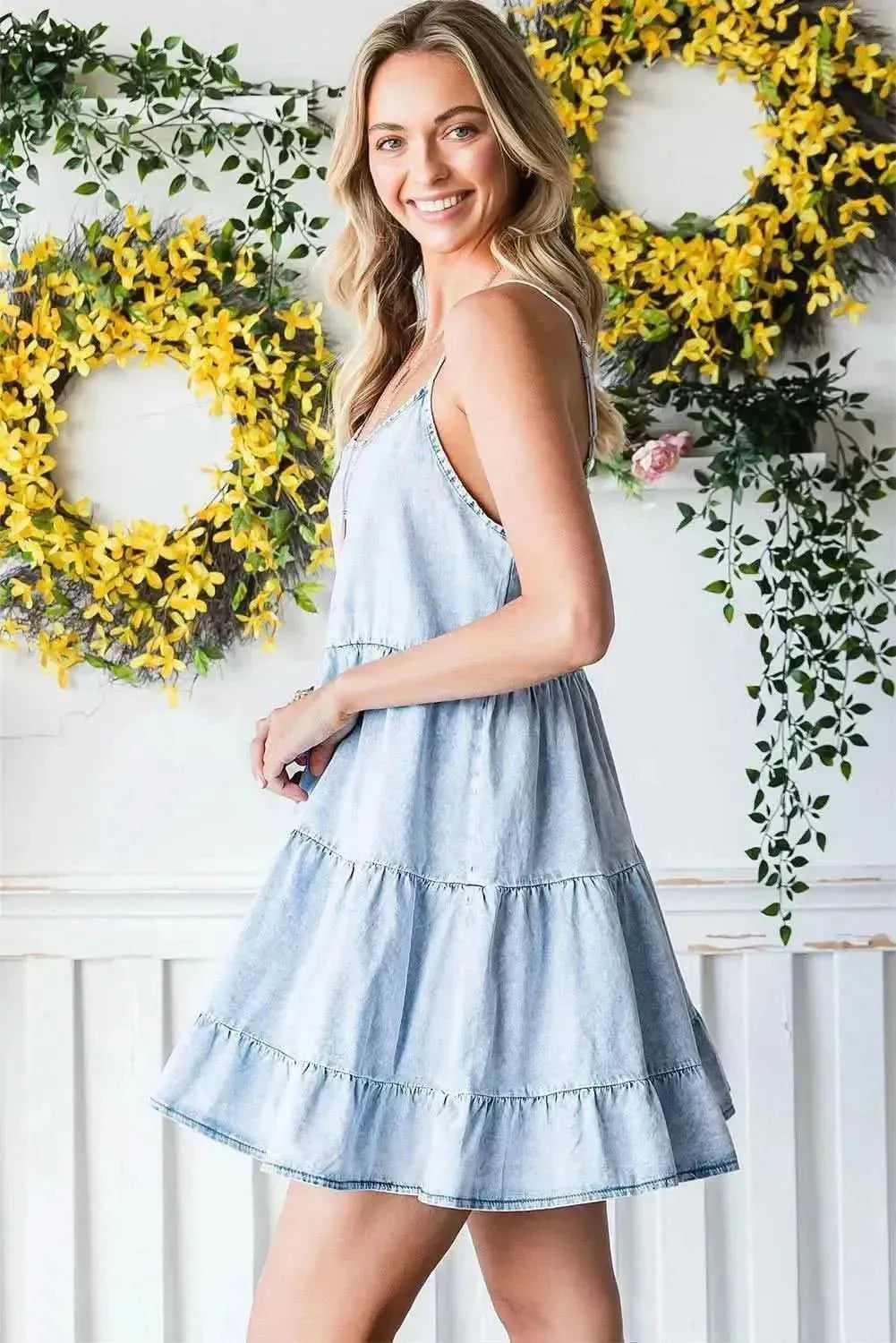 Spaghetti Strap Tiered Denim Dress - Bad Moms Club