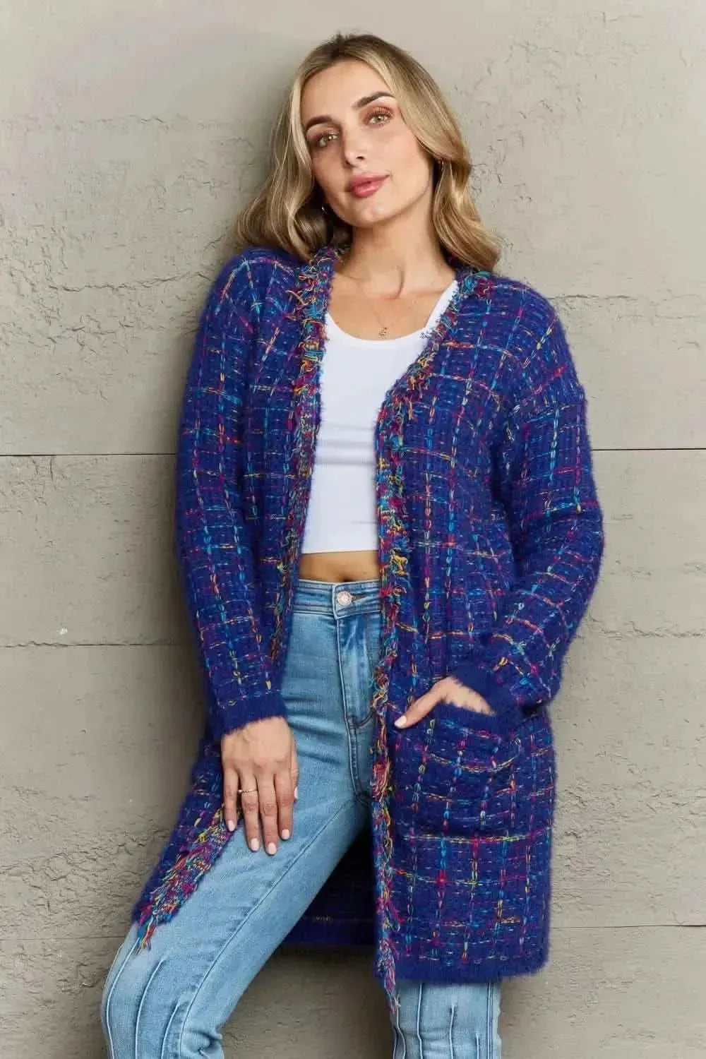 Plaid Fringe Trim Open Front Longline Cardigan - Bad Moms Club