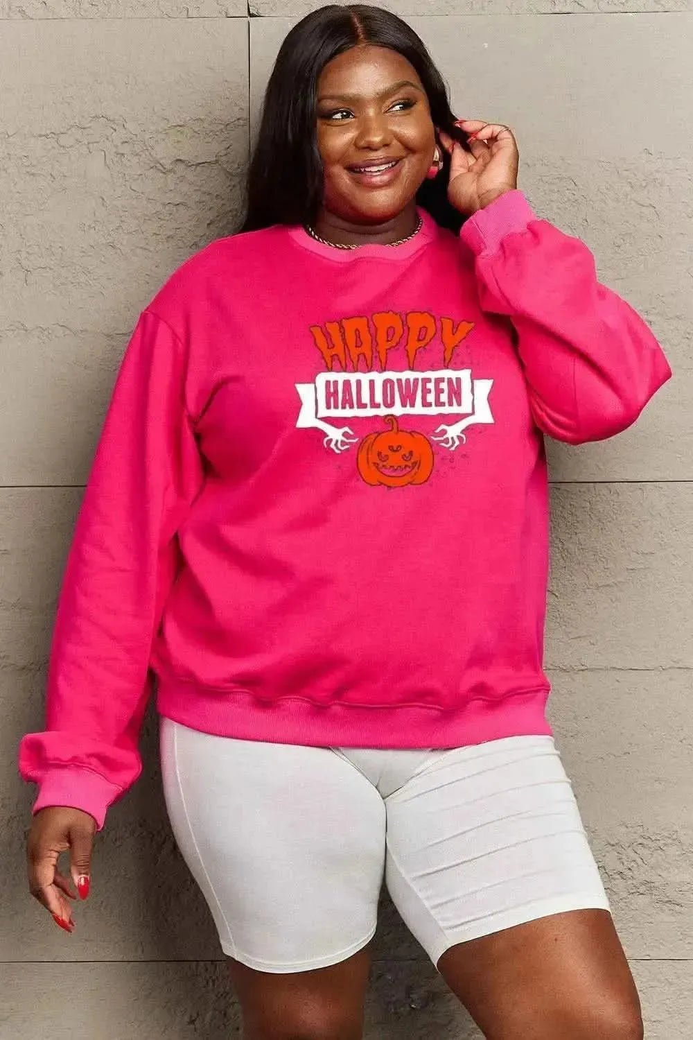 Simply Love Full Size HAPPY HALLOWEEN Graphic Sweatshirt - Bad Moms Club