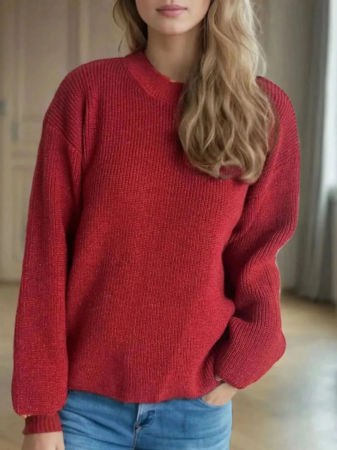 Solid Color Round Neck Long Sleeve Sweater - Bad Moms Club