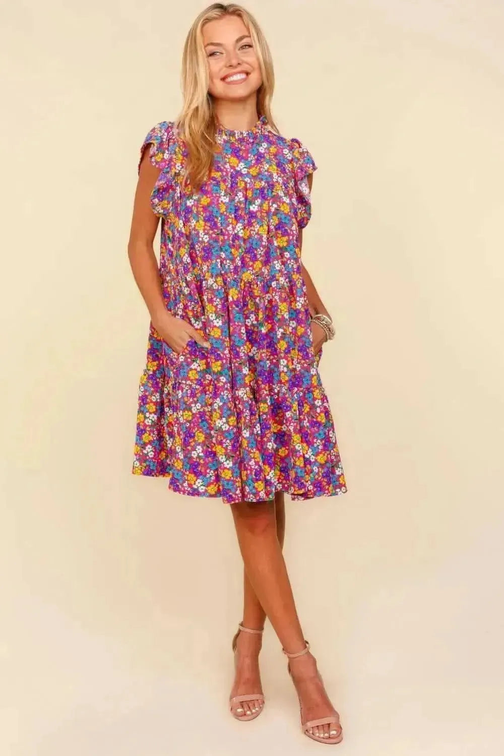 Haptics Frilled Mock Neck Ditsy Floral Dress - Bad Moms Club