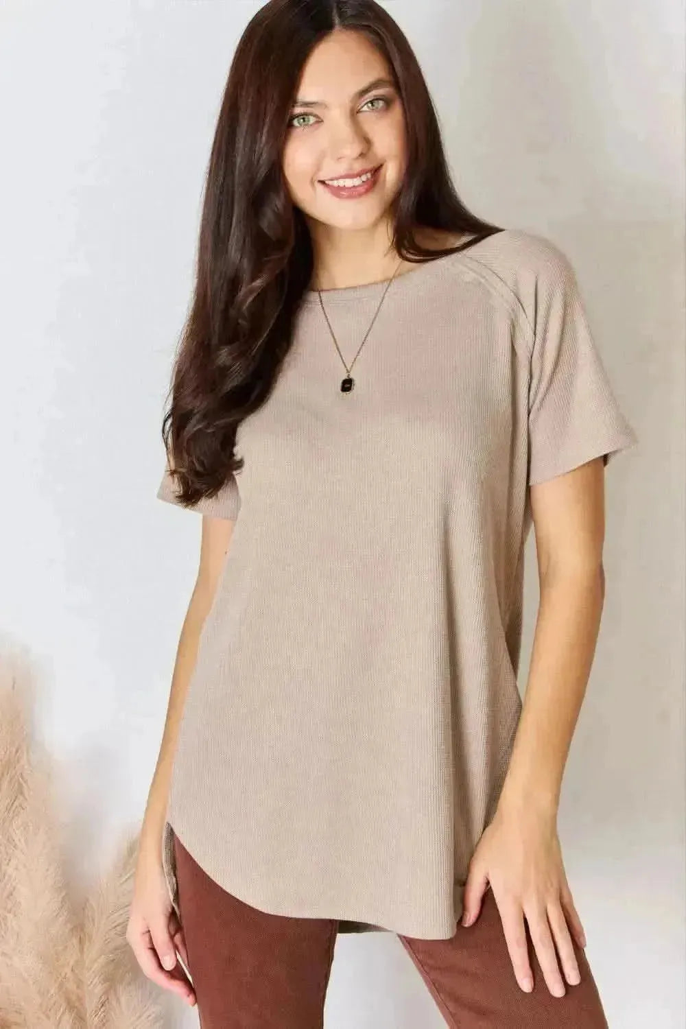 Zenana Baby Waffle Short Sleeve Slit High-Low T-Shirt - Bad Moms Club