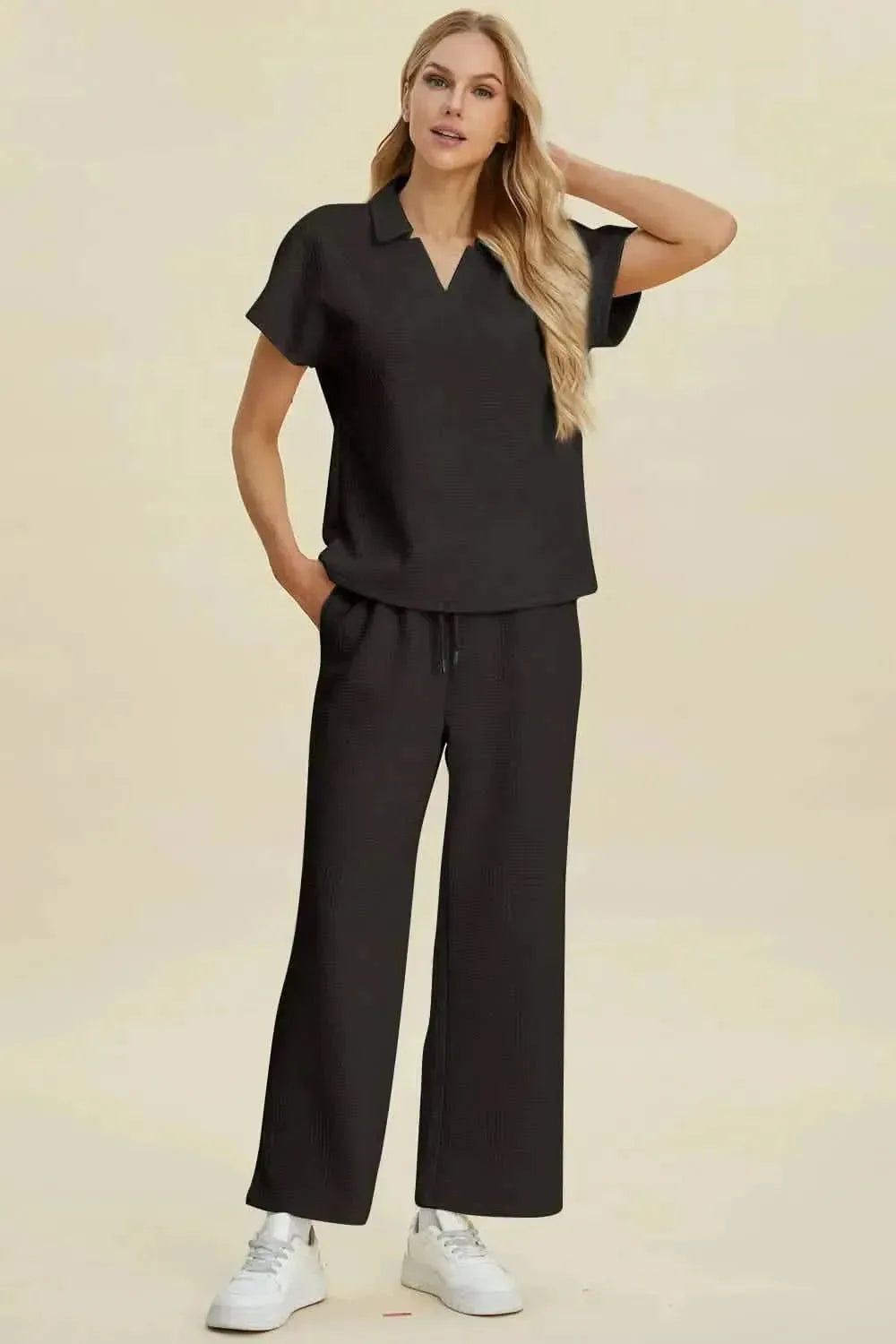 Double Take Full Size Collared Neck Short Sleeve Top and Pants Set - Bad Moms Club