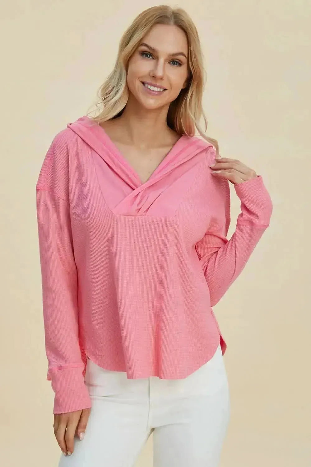 Double Take Full Size High-Low Dropped Shoulder Long Sleeve Hoodie - Bad Moms Club