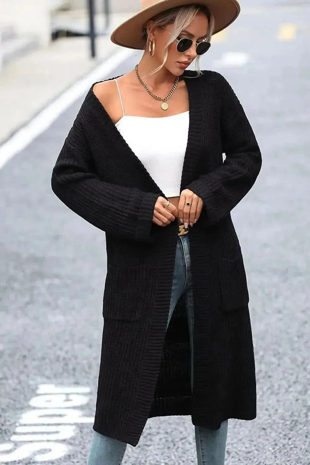 Dropped Shoulder Long Sleeve Cardigan with Pocket - Bad Moms Club