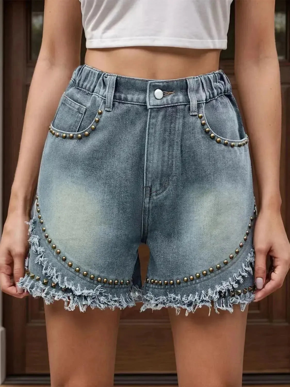 Raw Hem Studded Denim Shorts - Bad Moms Club