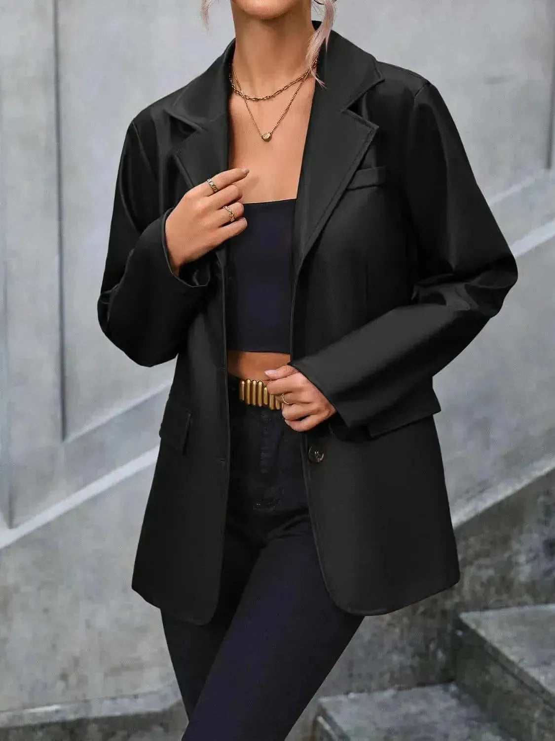 Pocketed Button Up Collared Neck Blazer - Bad Moms Club