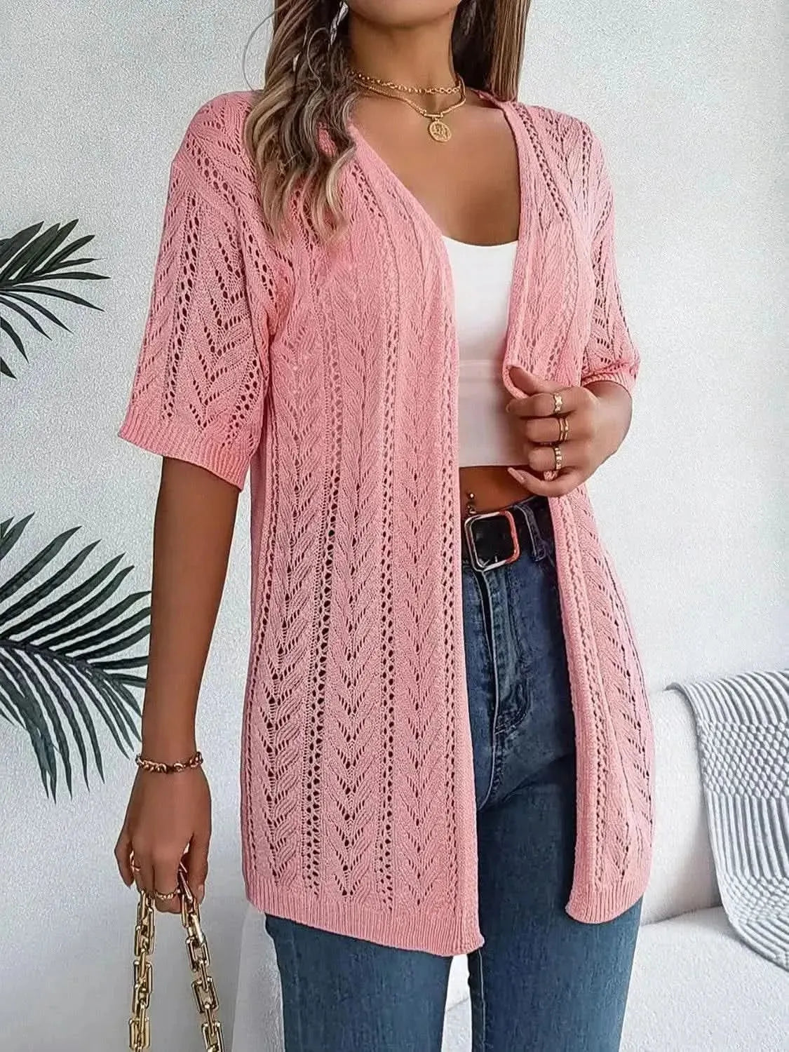 Openwork Open Front Half Sleeve Cardigan - Bad Moms Club