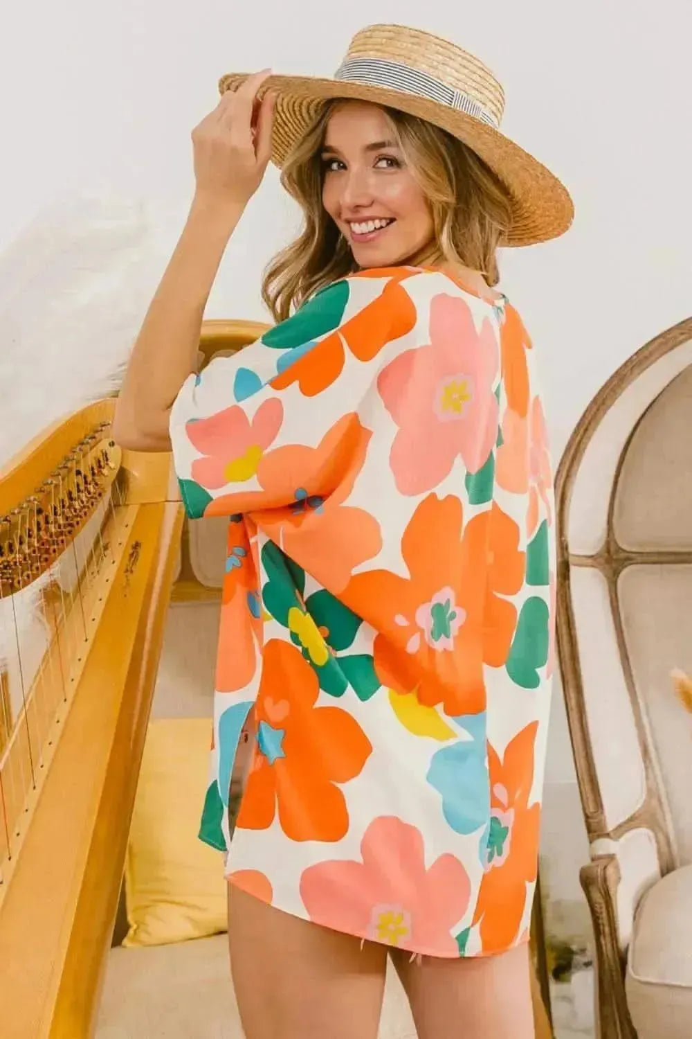 BiBi Floral V Neck Slit Side T-Shirt - Bad Moms Club