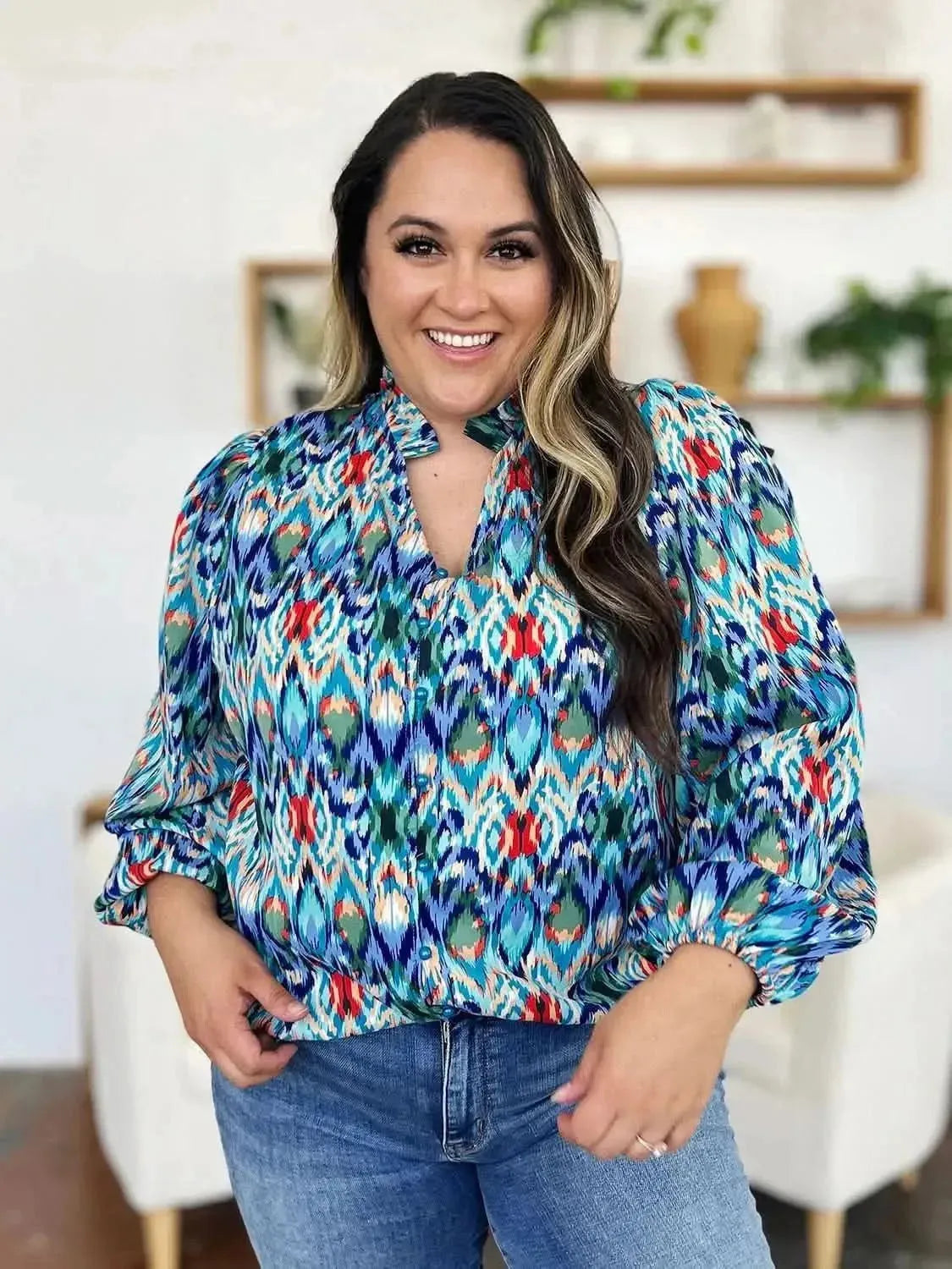 Double Take Full Size Printed Balloon Sleeve Blouse - Bad Moms Club