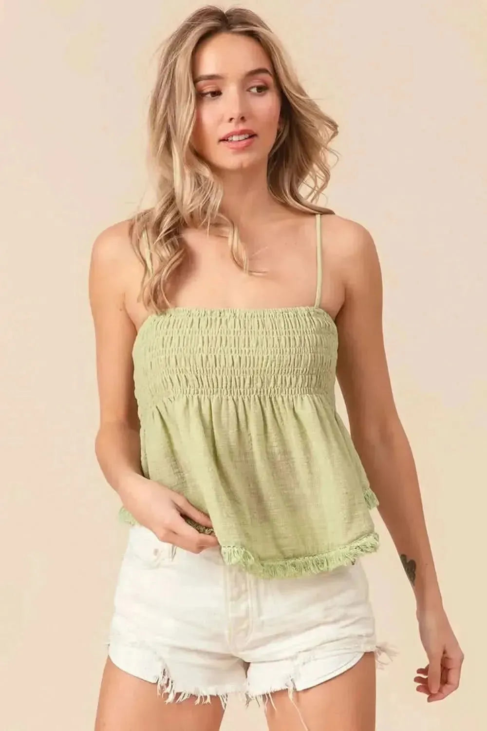 BiBi Fringed Hem Smocked Cami - Bad Moms Club